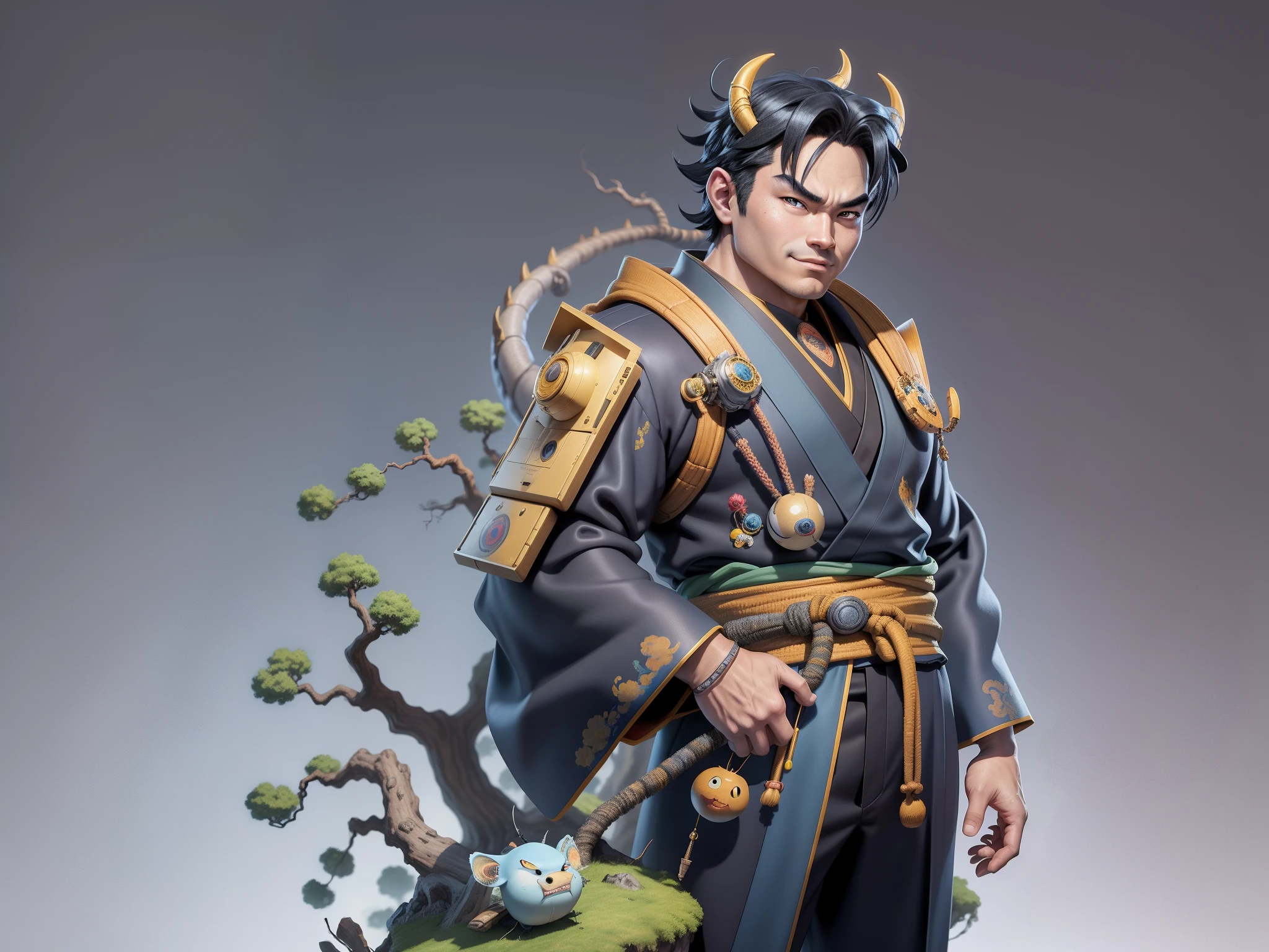 (Masterpiece), (Excellent), (Super Meticulous), (Full Body: 1.2), Super Young Man, Oriental Face, Japanese Kimono, Japanese Wind Thunder God, Dragon, Tiger, TV Anchor, Bust Portrait Illustration, Alone, Black Suit, Blue Tie, Slightly Chubby Face, Very Clean Face, No Beard, Black Super Short Hair, Black Eyes, Confident Smile, 3c Computer Sub-Products, iPad, iPhone, Digital Painting, 3D Character Design by Akira Toriyama and Mark Claireden and Pixar and Hayao Miyazaki, The illustration is a high-definition illustration in 4K resolution with very detailed facial features and cartoon-style visuals.