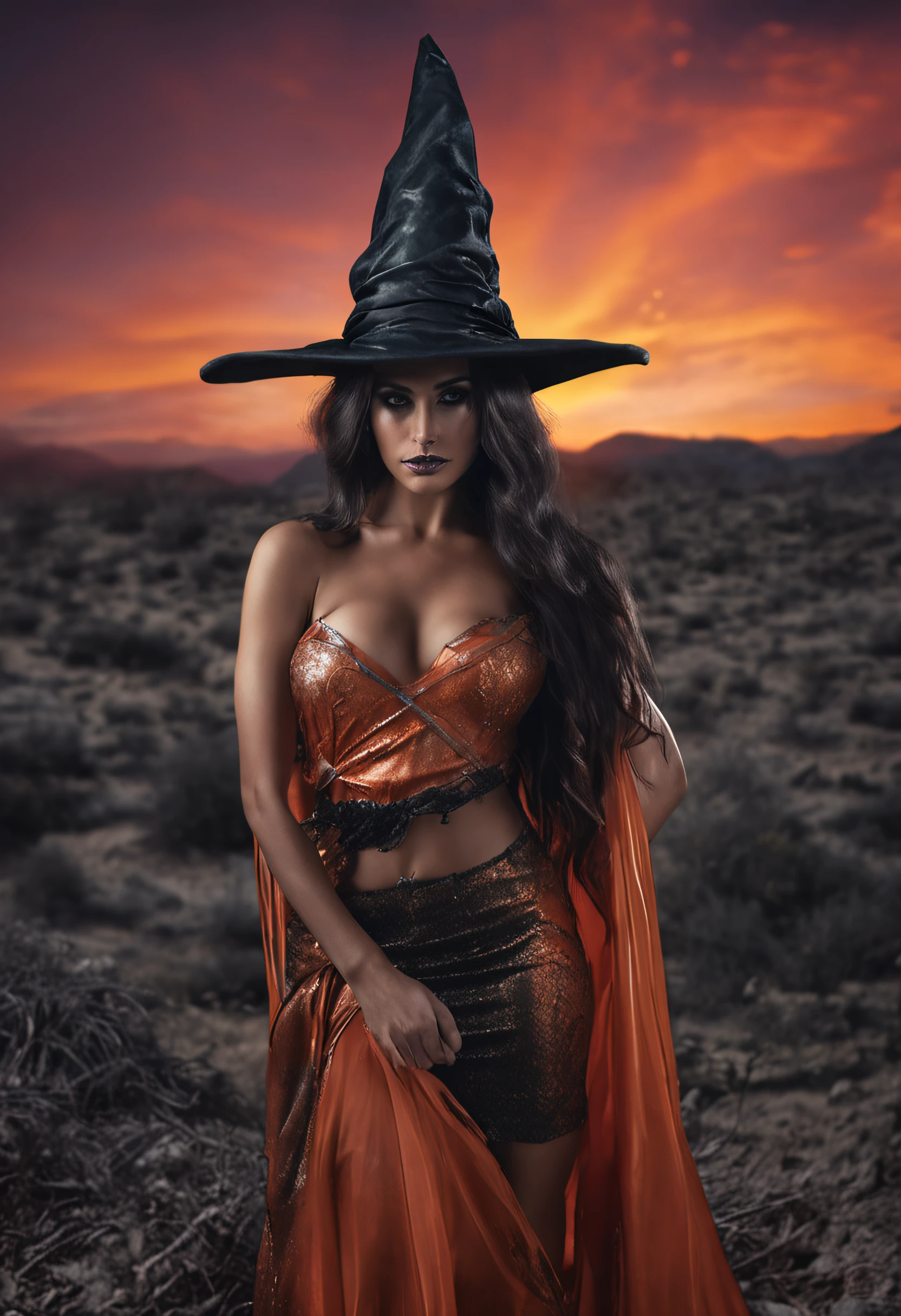 Long panoramic shot of a sexy and beautiful Halloween Witch, (((con cabello negro lacio))), fotorealista, fotorealismo, unzoom, gorro completo, lineas perfectas, rostro realista, intrincado, Detallado, digital SLR camera , 8k UHD, negros profundos, , prominent mammary glands