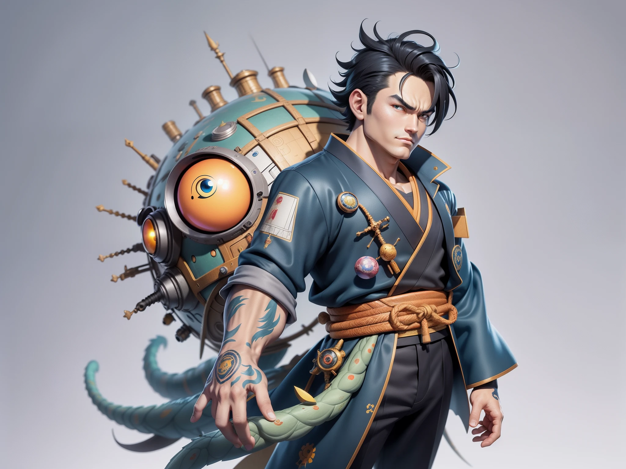 (Masterpiece), (Excellent), (Super Meticulous), (Full Body: 1.2), Super Young Man, Oriental Face, Japanese Kimono, Japanese Wind Thunder God, Dragon, Tiger, TV Anchor, Bust Portrait Illustration, Alone, Black Suit, Blue Tie, Slightly Chubby Face, Very Clean Face, No Beard, Black Super Short Hair, Black Eyes, Confident Smile, 3c Computer Sub-Products, iPad, iPhone, Digital Painting, 3D Character Design by Akira Toriyama and Mark Claireden and Pixar and Hayao Miyazaki, The illustration is a high-definition illustration in 4K resolution with very detailed facial features and cartoon-style visuals.