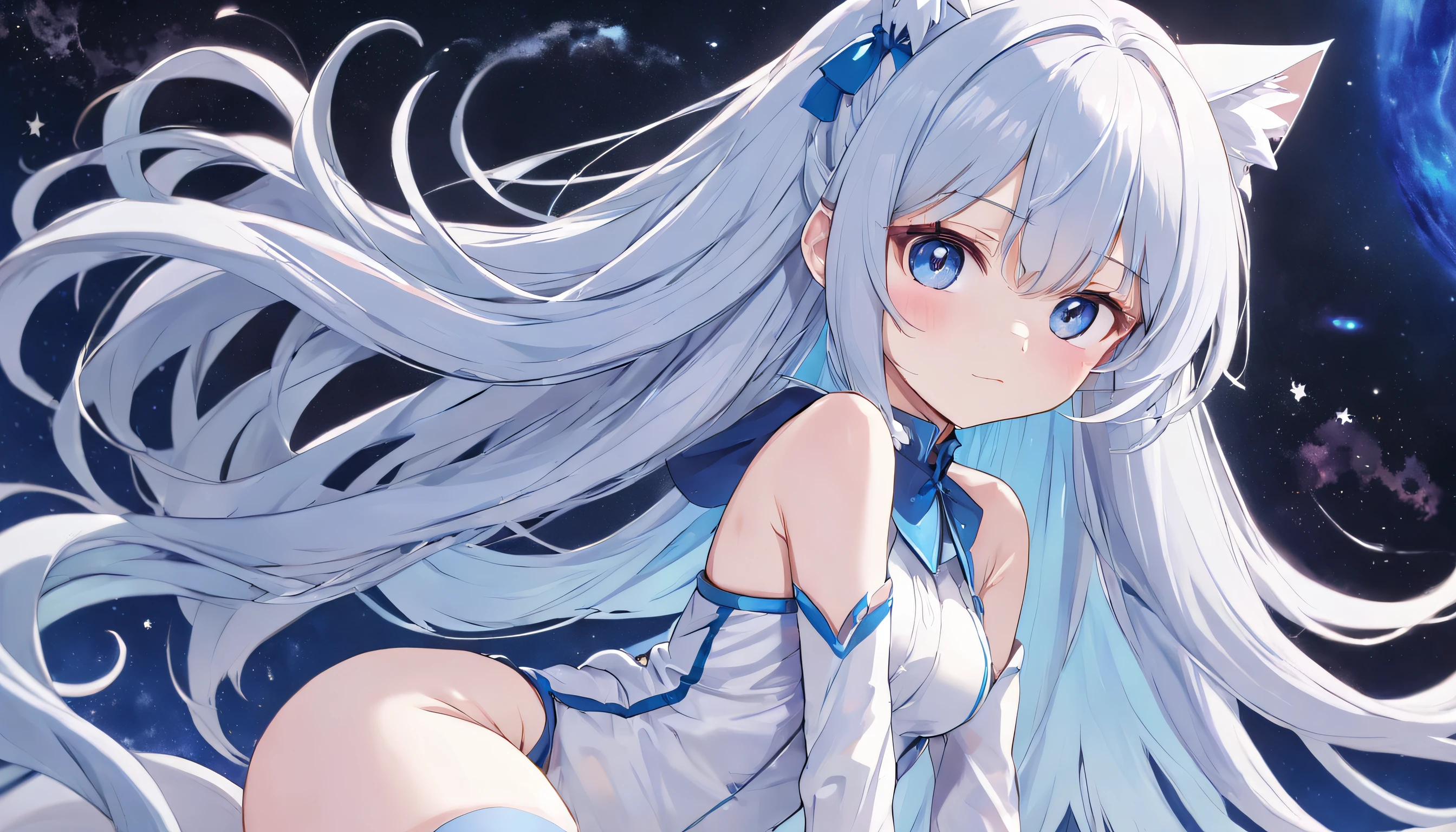 Anime girl with long hair and cat tail,, JK style, white-haired god, Anime girl with long hair, clear outfit design, anime moe art style, Long silver-white gradient blue hair, Long hair is legs, Soft anime illustration, Anime Stylization, white hime cut hairstyle, flat anime style shading, anime girl with cosmic hair,A blue heteropupil,A pink heterogeneous pupil