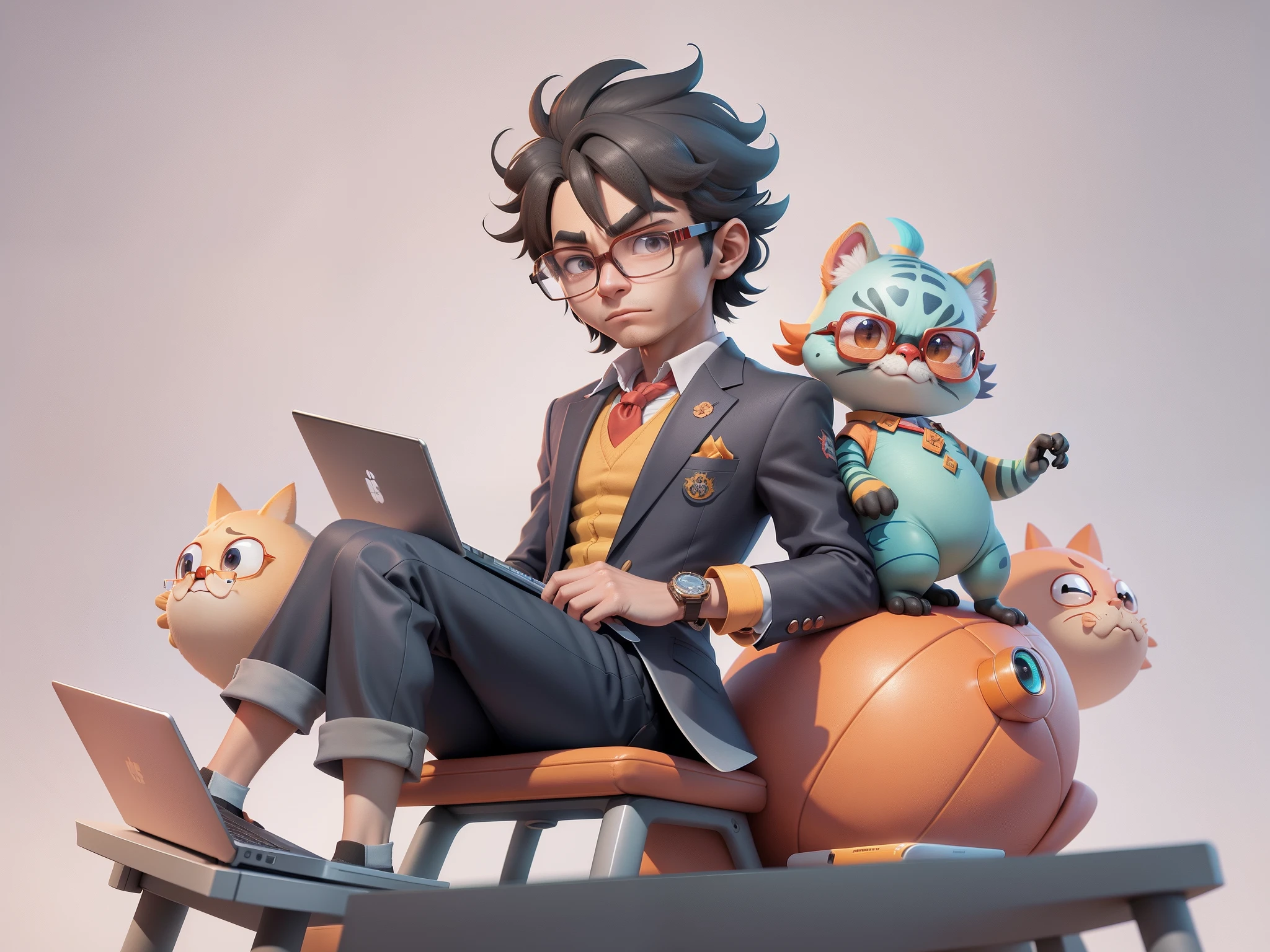 A young man in a suit, Short hair and glasses sat at his desk,holding laptop,digitial painting,tigre,3D character design by Mark Clairen and Pixar and Hayao Miyazaki and Akira Toriyama,4K HD illustration,Very detailed facial features and cartoon-style visuals。