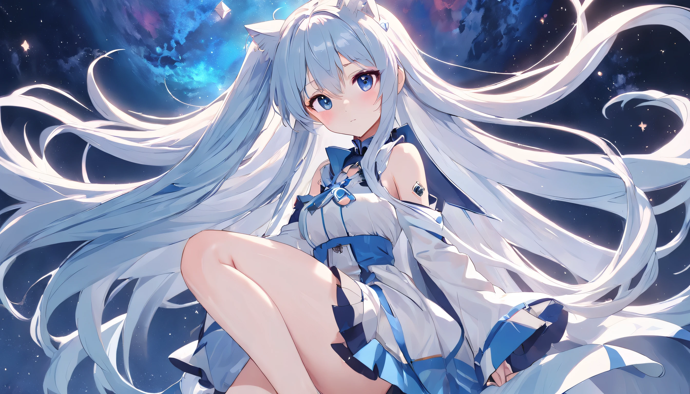 Anime girl with long hair and cat tail,, JK style, white-haired god, Anime girl with long hair, clear outfit design, anime moe art style, Long silver-white gradient blue hair, Long hair is legs, Soft anime illustration, Anime Stylization, white hime cut hairstyle, flat anime style shading, anime girl with cosmic hair，A blue heteropupil，A pink heterogeneous pupil