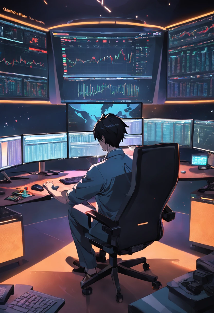 There's a man sitting at a desk with two computer monitors, sentado em um computador, sentado em frente ao computador, olhando para o monitor, displaying stock charts, sentado em uma mesa de computador, na frente de um computador, trading, trading stocks,