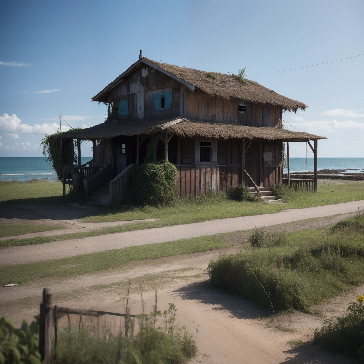 village by the sea,middle of nowhere,Overgrown with weeds,Dilapidated depression