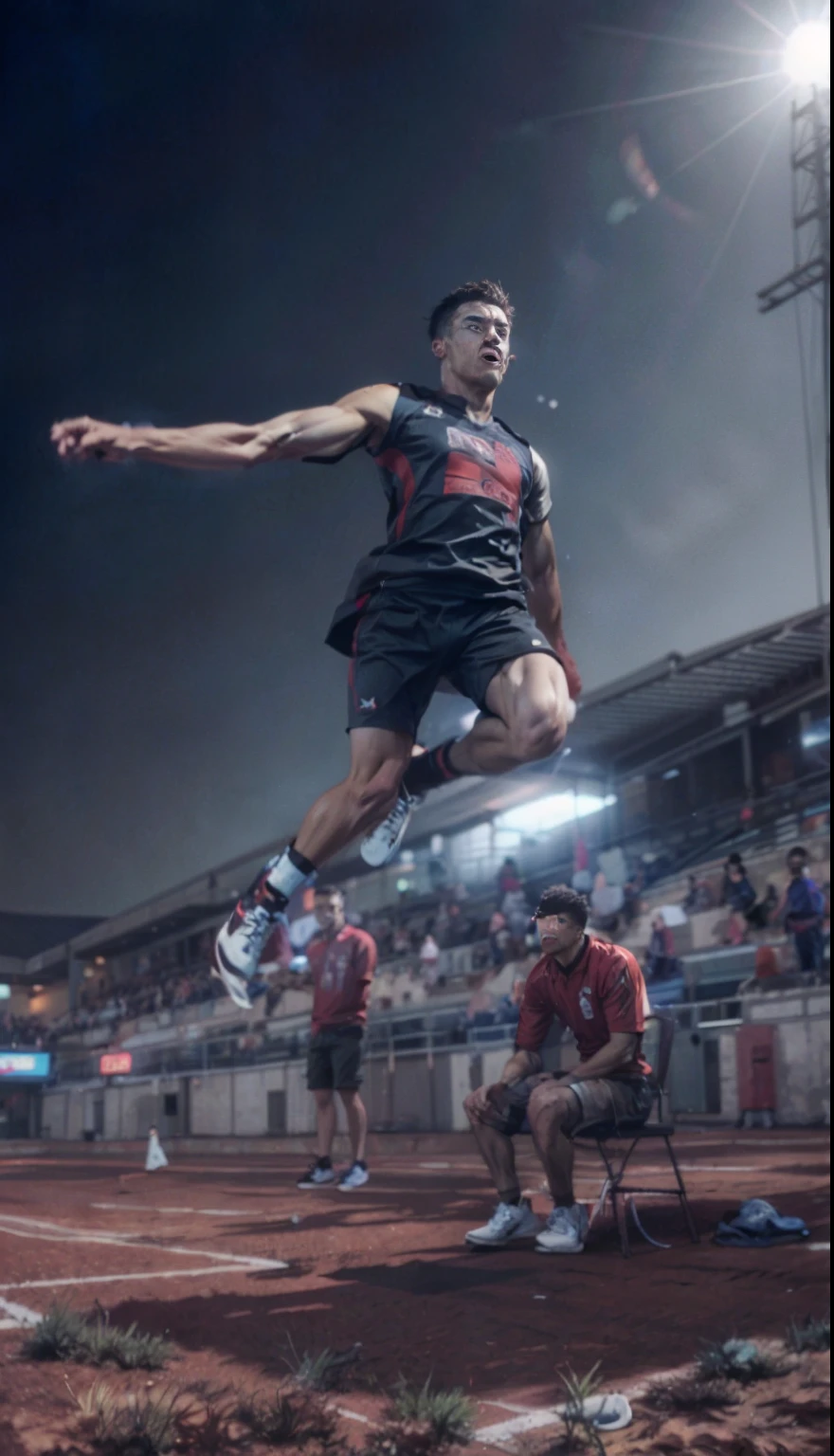 Handsome guy jumping in the air in black and red, photo from a spectator, athlete photography, Taylor Myers Lockett, cover shot, instagram photo, ultra - high jump, author：David Garner, photo in style of tyler mitchell, aaron sims, smooth in _ Background with, zach hill, j. h. williams iii, award winning shot