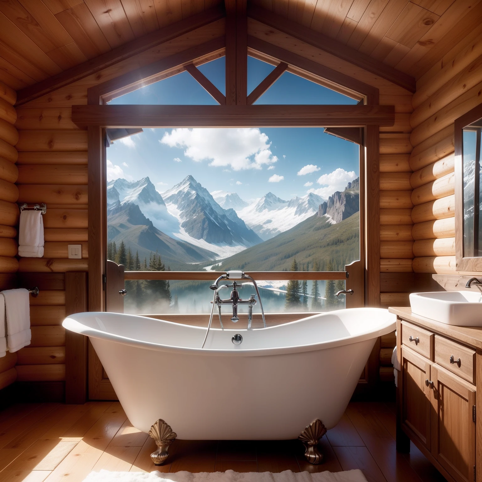 A white whore with big tits in a cabin in a snowy mountain with a wooden jacuzzi