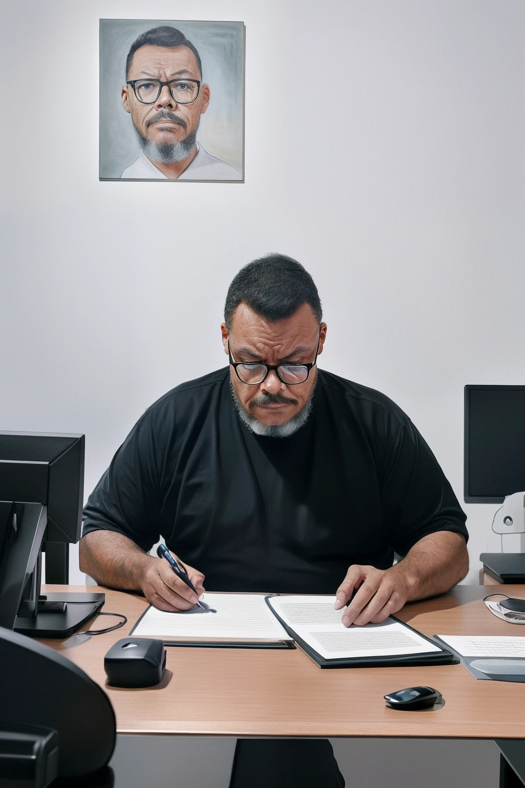 guttocyber1, Retrato hiper-realista de um triste, Thoughtful man in his minimalist office Imagine creating a hyper-realistic portrait of a grown man. He wears glasses, and his face is exquisitely detailed (1.3). He's dressed in casual clothes, sitting at his desk with his hands on his head, demonstrating a deep sense of sadness and contemplation. The scene takes place in his minimalist and impeccably organized office, designed with meticulous attention to detail (1.4). This emotionally charged and thought-provoking portrait is captured with hyper-realism (1.5), providing ultra-high definition (UHD) resultado.