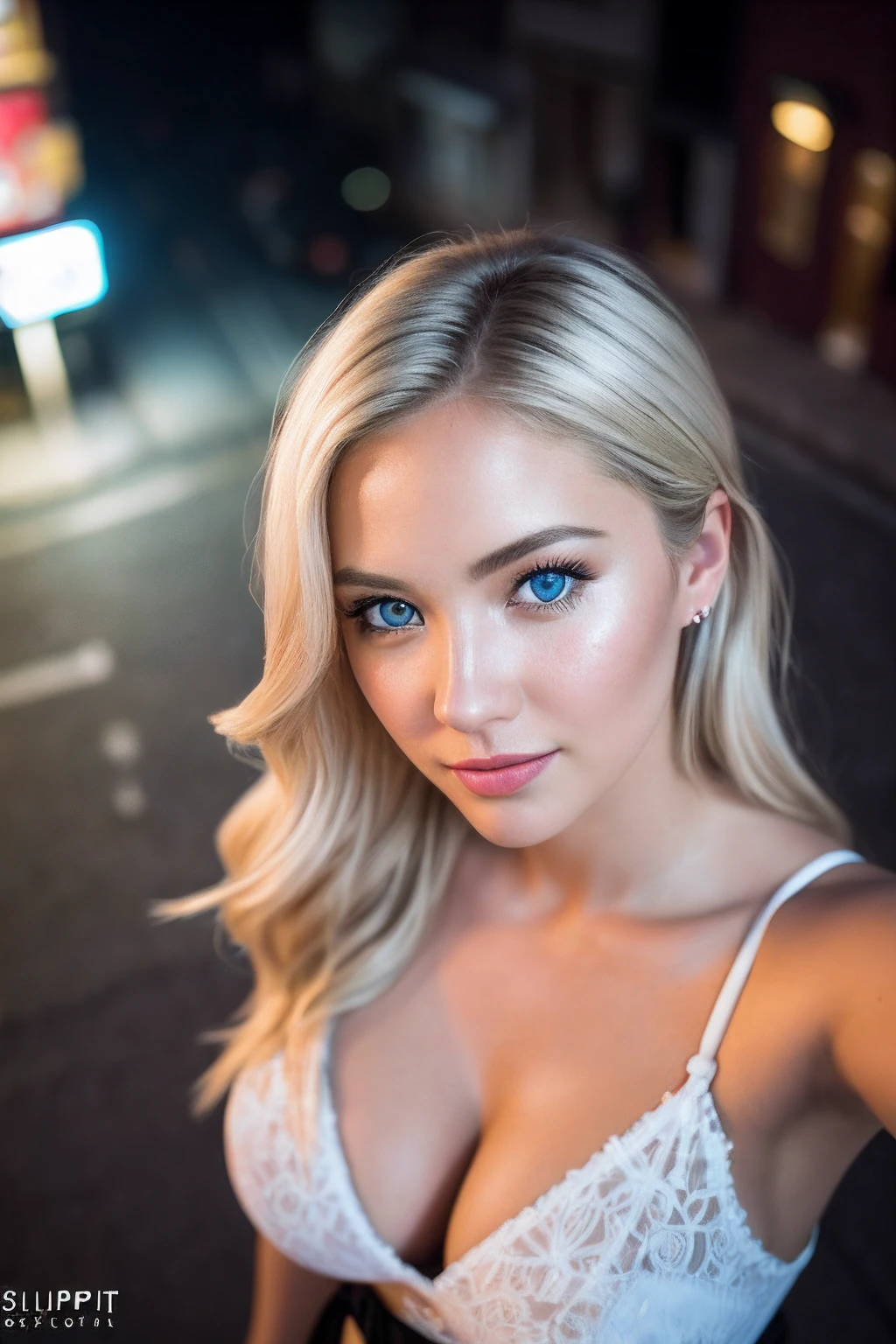 (selfie shot, from above:1.4), (half body postrait:1.4), RAW uhd portrait photo of a 24-year-old blonde (blue-eyed woman) walking down a dark alleyway, natural breasts_b, nighttime city background, (red sundress), (cleavage), detailed (textures!, hair!, shine, color!!, imperfections:1.1), highly detailed glossy eyes, (looking at the camera), specular lighting, dslr, ultra quality, sharp focus, tack sharp, dof, film grain, (centered), Fujifilm XT3, crystal clear, center of frame, cute face, sharp focus, street lamp, neon lights, bokeh, (dimly lit), low key, at night, (night sky)  detailed skin pores, oiled skin, tan, intricate eye detail