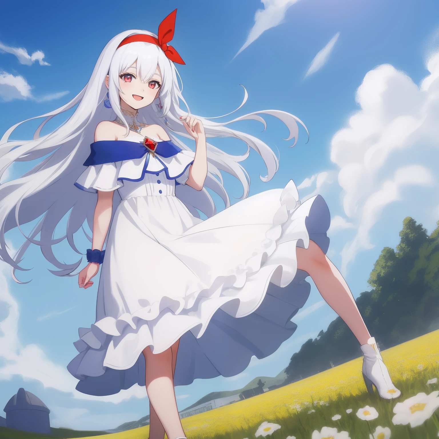 1 woman, fullbody, white hair, Throat red, blue eye, long hair, happy, smile, 18 year old, dynamic angle, blue hairband,white dress, off shoulder, soul gem, race, meadow