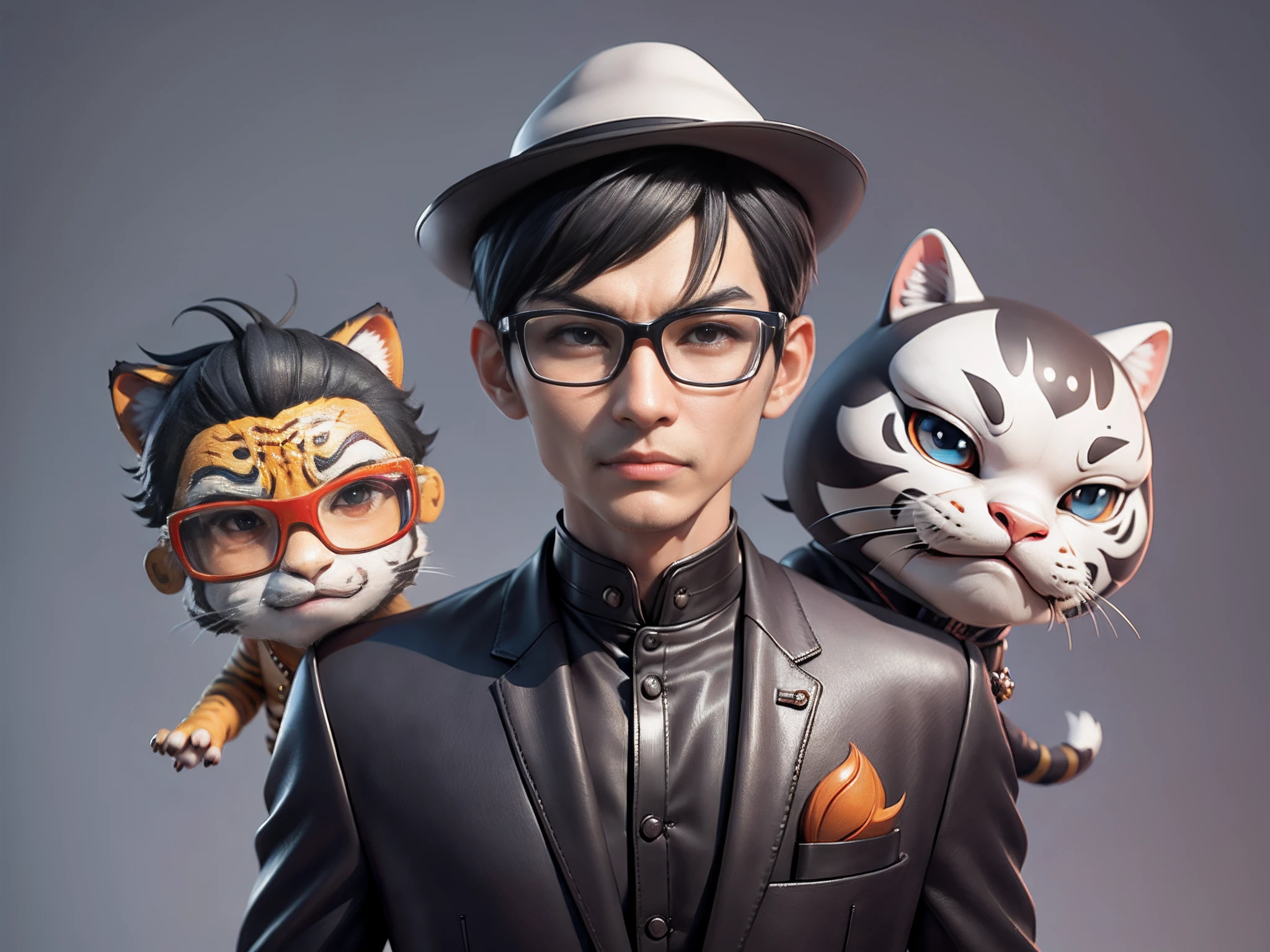 Young man with oriental face in leather hat, tiger, oriental face in formal suit, short black hair, silver glasses, digital painting, 3D character design by Mark Clairedon and Pixar and Hayao Miyazaki and Akira Toriyama, the illustration is a high-definition illustration in 4K resolution with very detailed facial features and cartoon-style visuals.