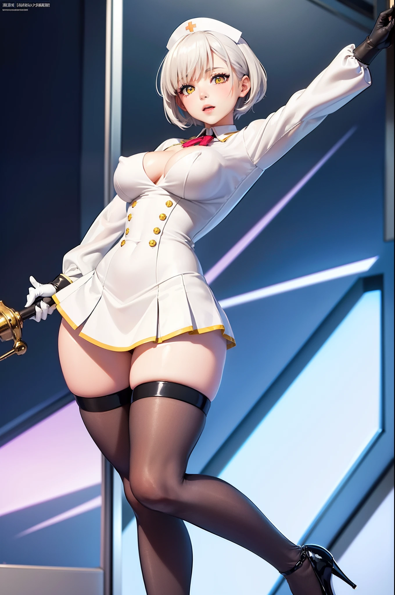 Nurse outfit, masterpiece, highly detailed, ultra detailed, best quality, highest quality, anime, girl, shy, embarrassed expression, short white hair, hugebreasts, blushing, highly detailed background, thin, white gloves, yellow eyes, (office background), (high quality background:1.4), (highly detailed clothes:1.4), (detailed face and eyes:1.2), (spread legs), (standing), (in the window with a city background), smooth legs, fishnet stockings, high heels, (exposed breast), protruding nipples, puffy nipples.