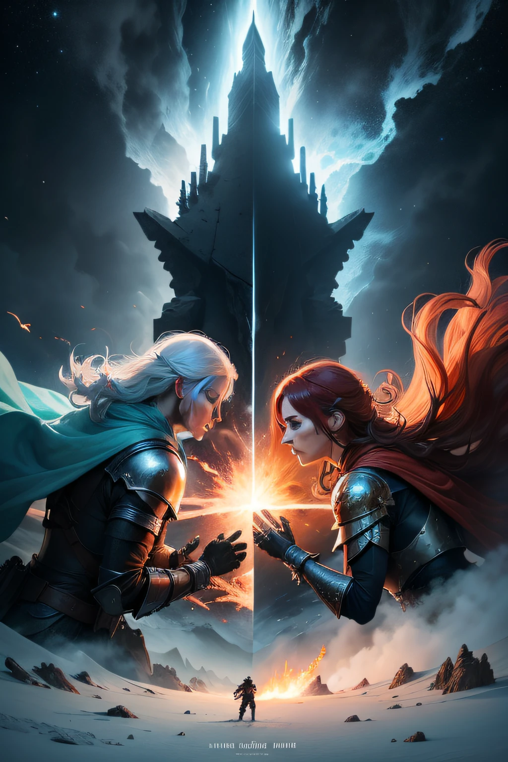 The battle between ice and fire, Both are heroes, Fight me inscription above them, The battle takes place in space