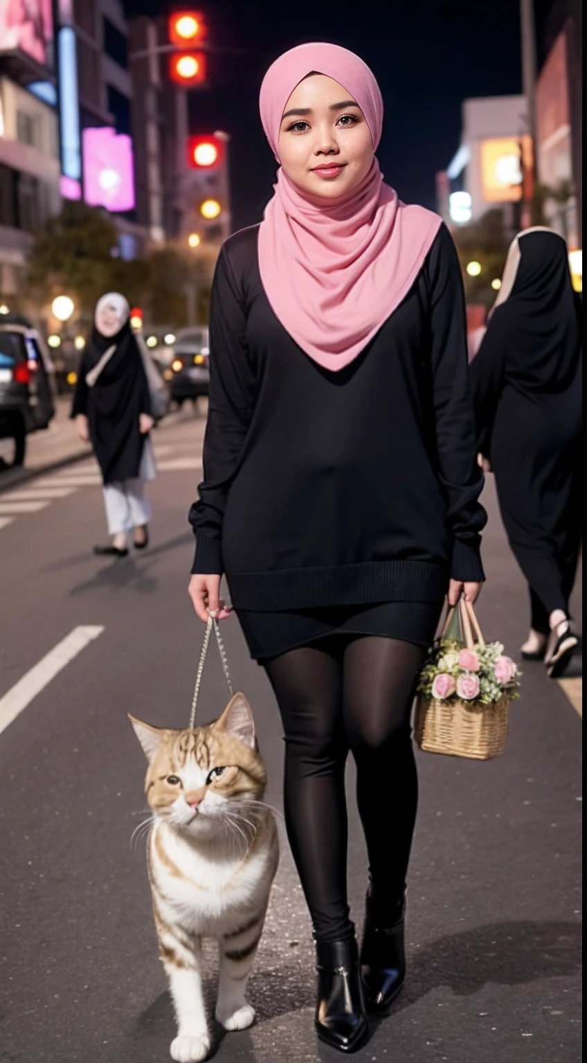 Siti nurhaliza holding a  bouquet flower wearing big knitted sweater and black leggings in night city street, (mira filzah:1.6), wearing hijab, cute cat by her side, pastel color hijab, smal head, perfect body proportion, petite body,