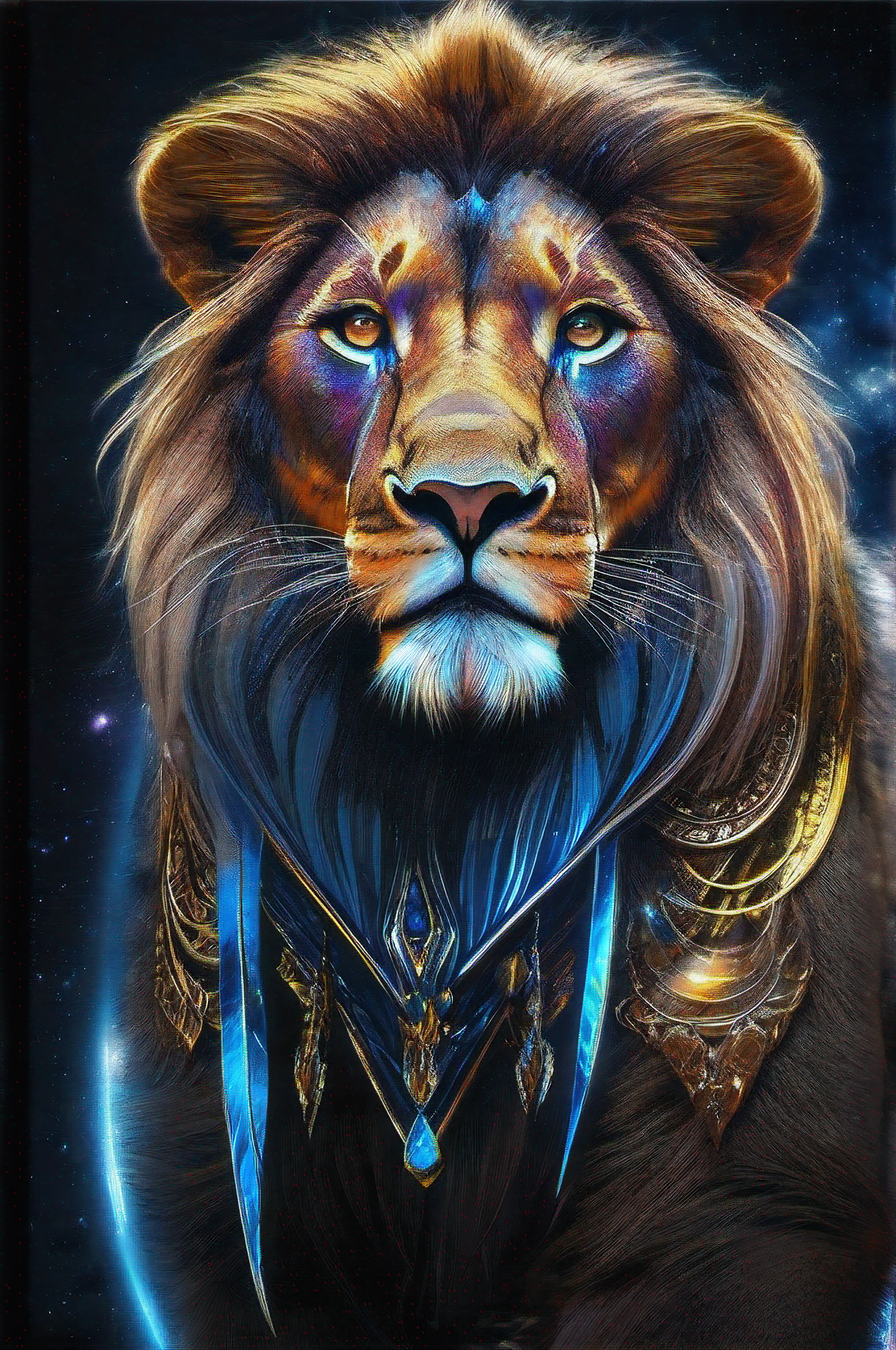 Create lion with a galactic outfit, Blue-eyed lion, da cintura para cima, Powerful lion on black background, colocar na imagem as duas patas bem para frente como se fosse tocar em algo