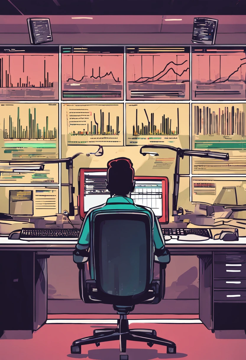 There's a man sitting at a desk with two computer monitors, sentado em um computador, sentado em frente ao computador, olhando para o monitor, displaying stock charts, sentado em uma mesa de computador, na frente de um computador, trading, trading stocks,