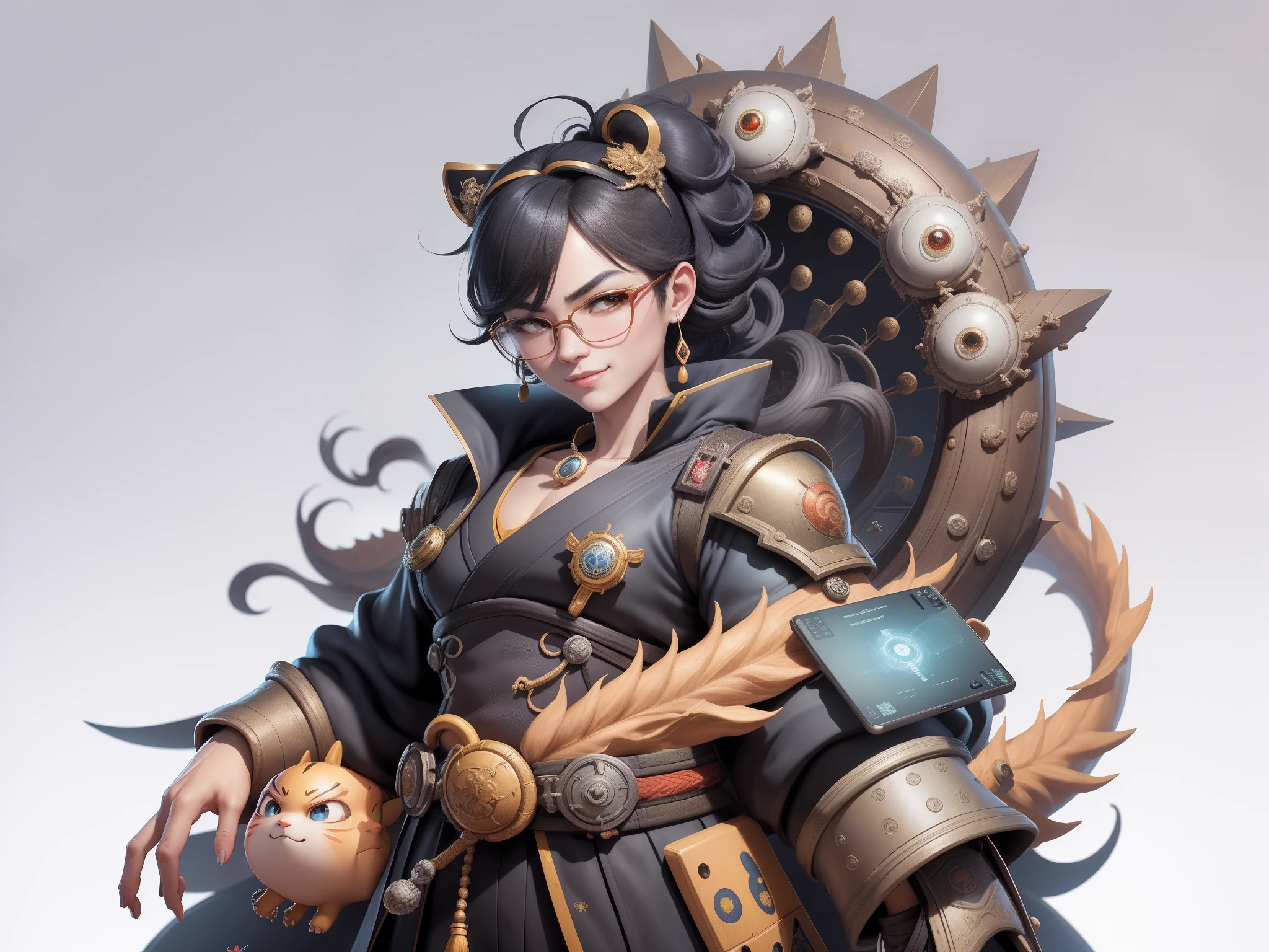 (Masterpiece), (Excellent), (Super Meticulous), (Full Body: 1.2), Super Young Man with Japanese Female Geisha, Pretty, Beautiful, Chinese Dragon, Tiger, Wind God Thor, Sexy, Bursting, Oriental Face, TV Anchor, Bust Portrait Illustration, Black Suit, Blue Tie, Slightly Chubby Face, Silver Glasses, Very Clean Face, No Beard on Chin, Black Super Short Hair, Black Eyes, Confident Smile, 3c Computer Sub-Products, iPad, iPhone, Digital Painting, 3D character design by Mark Clairedon and Pixar and Hayao Miyazaki and Akira Toriyama, the illustrations are HD illustrations in 4K resolution with highly detailed facial features and cartoon-style visuals.
