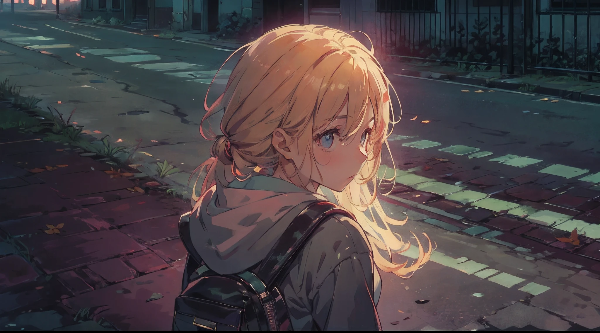 Emily, Shy teenage girl, Walking alone from school late in the day. Photograph: A little girl with a backpack walks do wn a deserted street, The sunset casts a long shadow beh ind it.Emily's heart beats in her chest., And it feels like an observer... Photograph: Emily looks over her shoulder, Her eyes are wide from fear, As if she senses a presence behi nd her.At night.A dimly lit street with flickering streetlights, the elongated shadows creating an eerie atmosphere.deserted street, long shadows.streetlights start to flicker.Tree branches swaying violently, leaves rustling in the wind, creating an unsettling sound.At night.Emily's head turning sharply, her gaze darting from side to side, searching for any sign of danger.