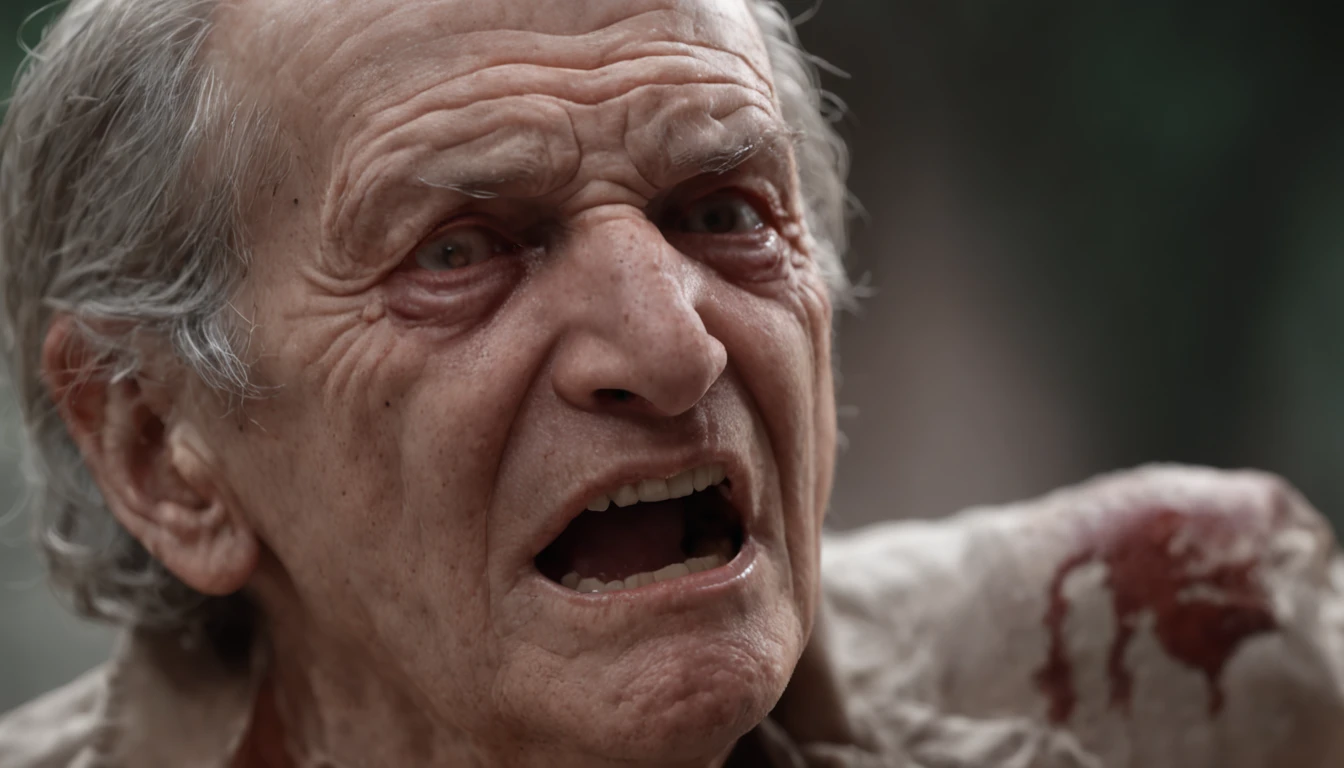 Detailed face: The old man screams desperately, frightened face, (Professional 3D rendering:1.3) de (Realistic:1.3), 8K Render Unit, action shot, pores skin, very dark lighting, Strong shading, Huge breasts the size of a basketball, detailed,(Vibrants, Realistic, dramatic, A dark, Sharp focus, 8K), decadent, (higly detailed:1.4), digitalpainting, Octane rendering, Art Stations, ConceptArt, Smooth, Sharp focus, illustartion, A germ from art, (global ilumination, studio light, light volumetric), heavy rain, particles floating, ((The dark and ancient background of the city:1.3)),CGSesociedafrom, Art Stations