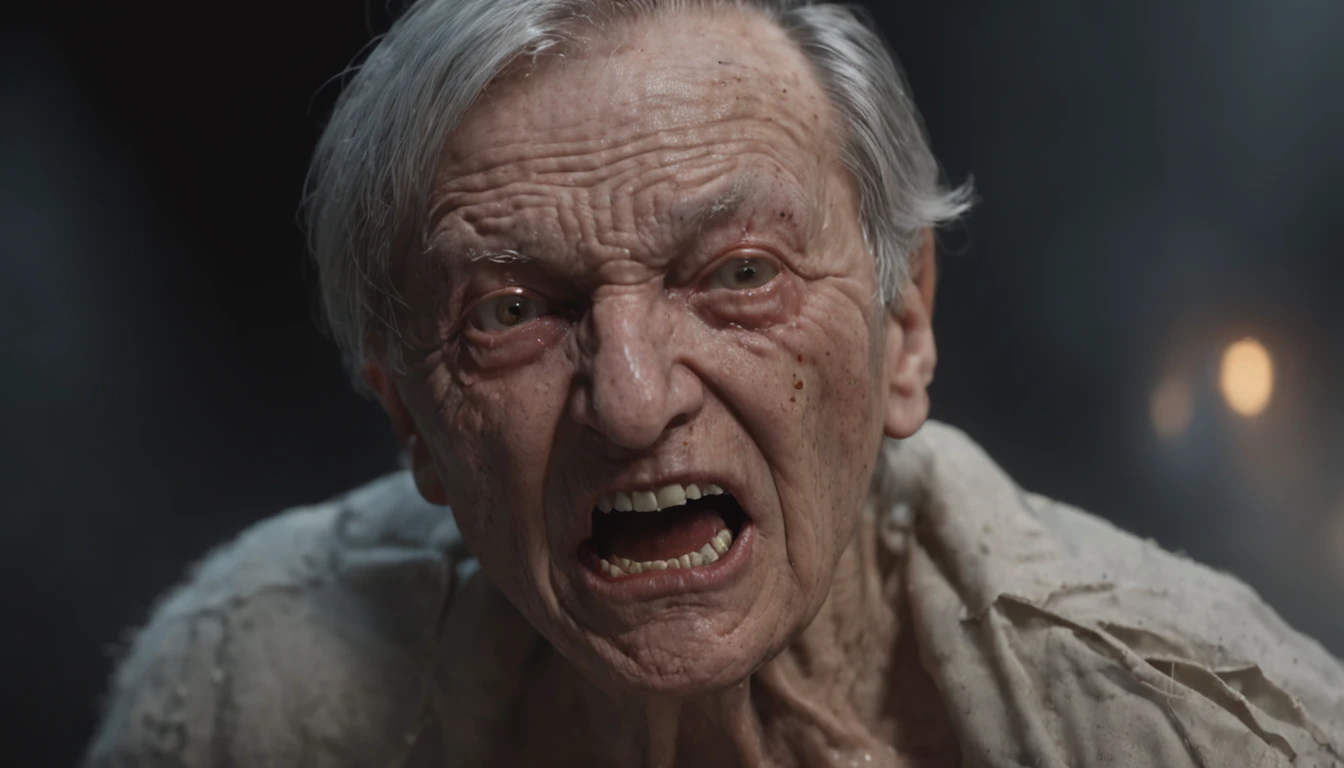 Detailed face: The old man screams desperately, frightened face, (Professional 3D rendering:1.3) de (Realistic:1.3), 8K Render Unit, action shot, pores skin, very dark lighting, Strong shading, Huge breasts the size of a basketball, detailed,(Vibrants, Realistic, dramatic, A dark, Sharp focus, 8K), decadent, (higly detailed:1.4), digitalpainting, Octane rendering, Art Stations, ConceptArt, Smooth, Sharp focus, illustartion, A germ from art, (global ilumination, studio light, light volumetric), heavy rain, particles floating, ((The dark and ancient background of the city:1.3)),CGSesociedafrom, Art Stations