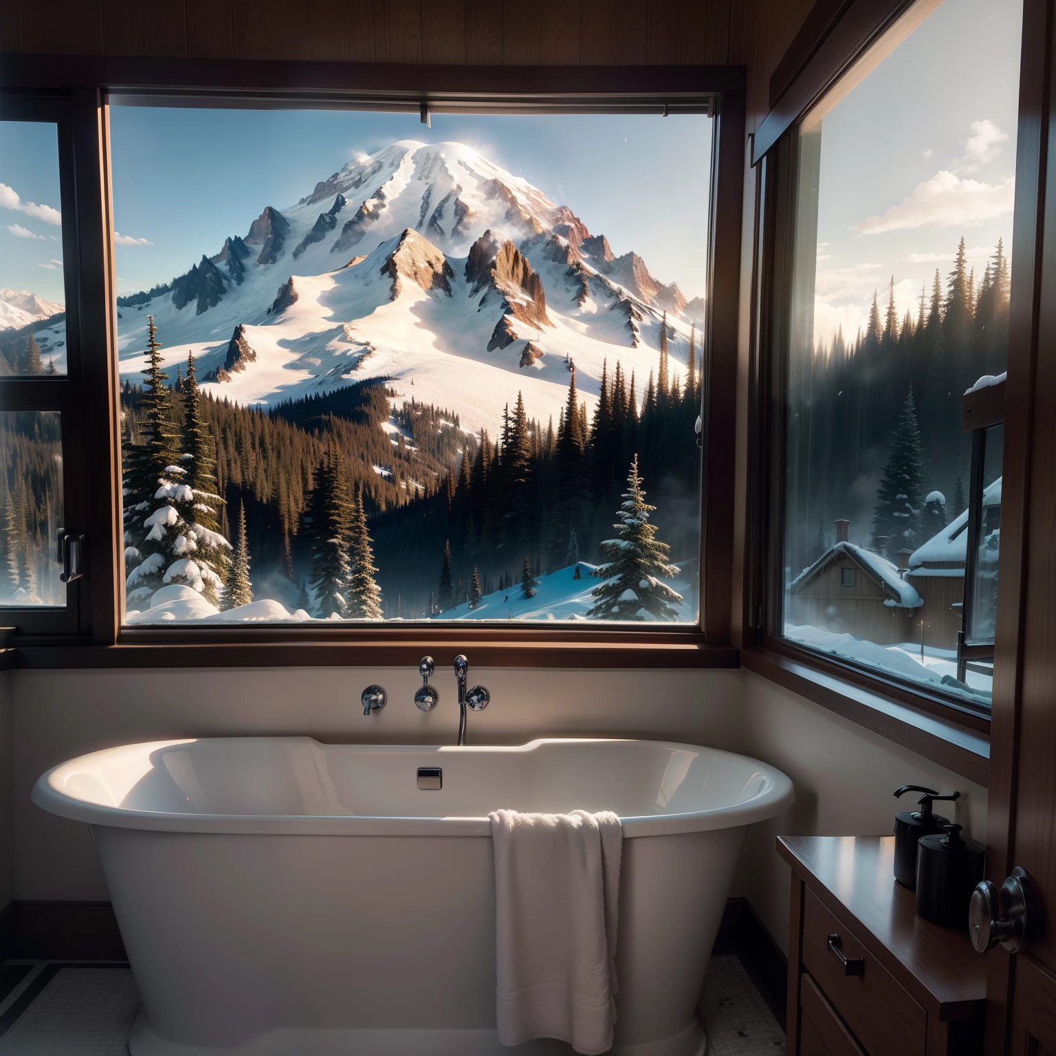 contemorary bathroom, mount rainier out window