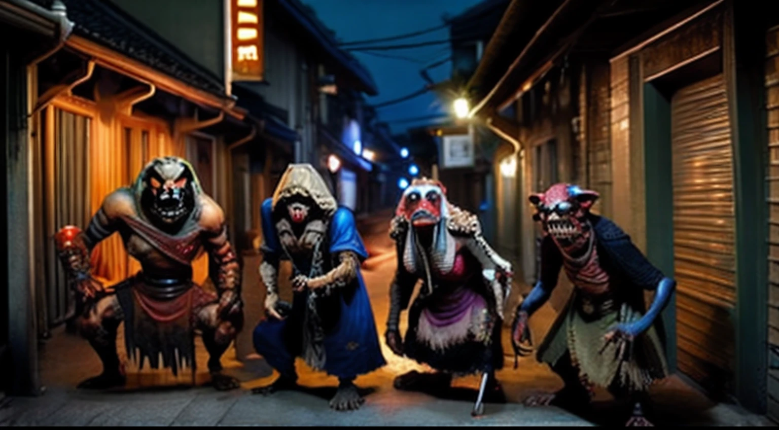 full body view、japanese Street corner at night、Several Great Demons、Several vampires、Demon to a few people、Many ogres、Many goblins、A few zombies、Several ghouls、Many kobolds, Street corners at night, several large ogres, several vampires, several ogres, many kobolds, many goblins, several zombies, several ghouls, many kobolds