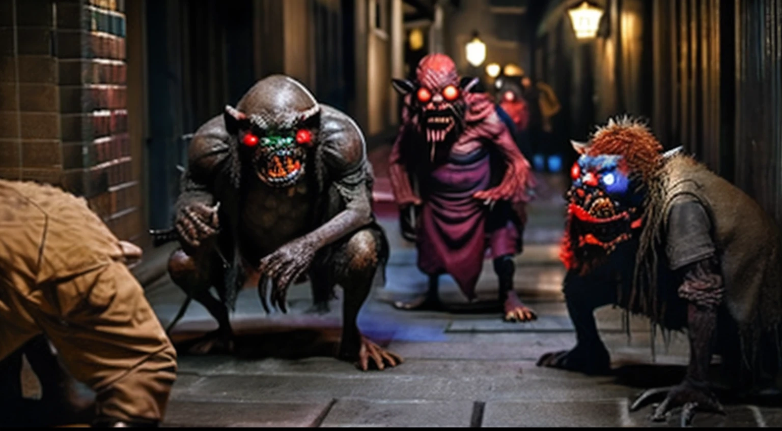 full body view、japanese Street corner at night、Several Great Demons、Several vampires、Demon to a few people、Many ogres、Many goblins、A few zombies、Several ghouls、Many kobolds, Street corners at night, several large ogres, several vampires, several ogres, many kobolds, many goblins, several zombies, several ghouls, many kobolds