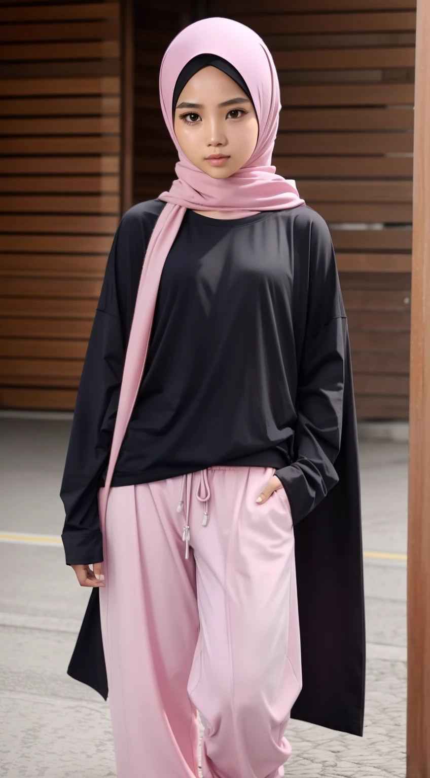 Malay girl, extra big tshirt, big oversized pastel color tshirt extra long sleeve and low waists pants, pink hijab, cute Tshirt, small breast, flat chest,