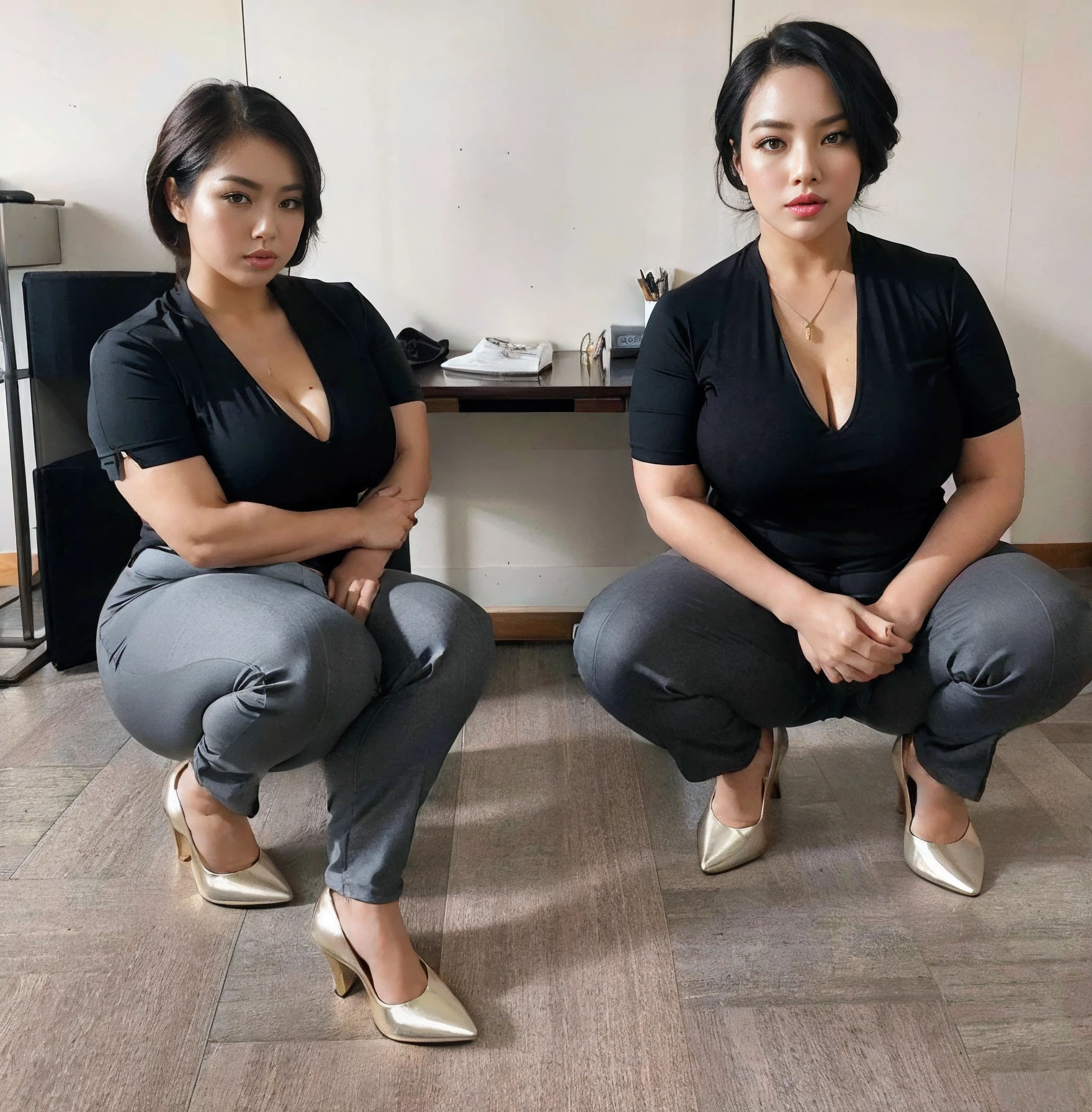 Thicc, curvy body, gigantic boobs, there are two Indonesian beauty women sitting on the floor in front of a desk, promotional photoshoot, full body photoshoot, identical picture, symmetrical pose, office clothes, symmetry!, symmetry!! full shot!!, symmetry!!, sitting on a desk, full body pictures, business attire, full pose, casual pose, symmetry!!!, symmetric!, wearing tight suit, wearing black tight clothing