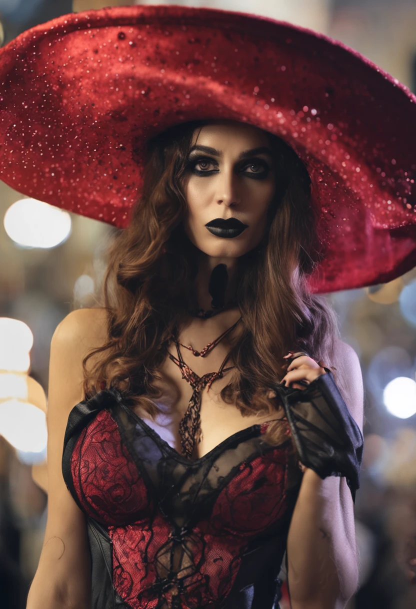 Long panoramic shot of a sexy and beautiful Halloween Witch, (((piel blanca))), (((boca roja))), (((con cabello negro lacio))), (((ropa negra))), fotorealista, fotorealismo, unzoom, gorro completo, lineas perfectas, rostro realista, intrincado, Detallado, digital SLR camera , 8k UHD, negros profundos, , prominent mammary glands