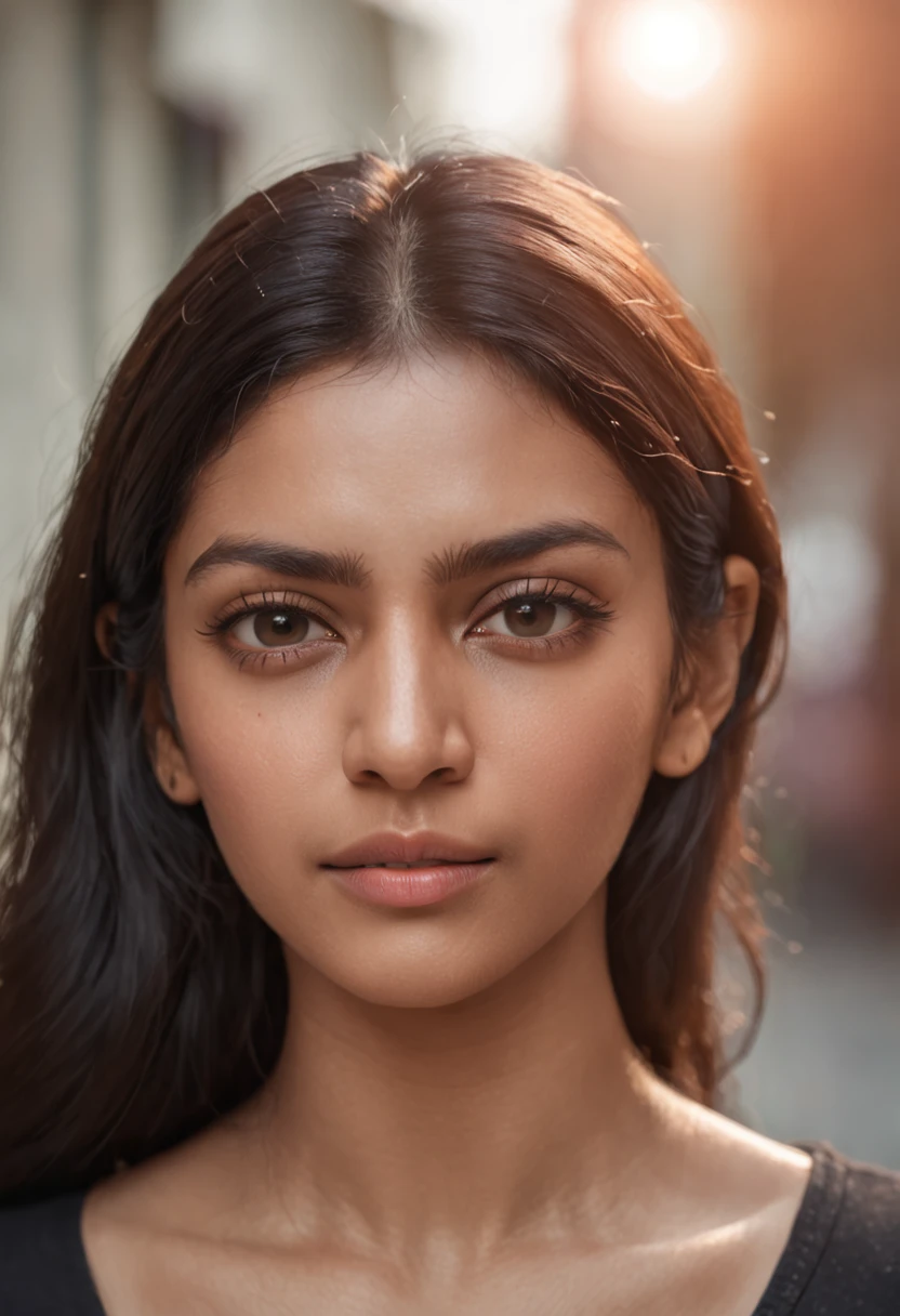 An ultra-realistic portrait of a very beautiful Indian woman in a black T-shirt. ,hyper detail, Cinematic lighting, 10, 10, ultra realistic, high-res, ultra hd, super realistic, sharp, Good quality, Movies like, attractive, glowing, kawaii, rousing, charming, necklace, sunlight, sparks, glossy, Dust particles , 3D appearance, sunlight, body hair, HD, floral,I'm radiant., firefly,blur background, road, Crowd, butterflies, glossy eyes