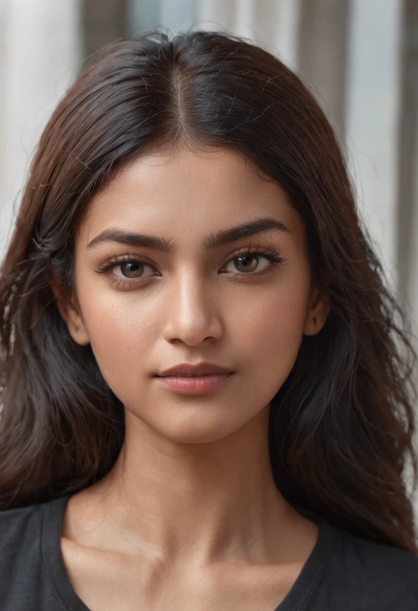 An ultra-realistic portrait of a very beautiful Indian woman in a black T-shirt. ,hyper detail, Cinematic lighting, 10, 10, ultra realistic, high-res, ultra hd, super realistic, sharp, Good quality, Movies like, attractive, glowing, kawaii, rousing, charming, necklace, sunlight, sparks, glossy, Dust particles , 3D appearance, sunlight, body hair, HD, floral,I'm radiant., firefly,blur background, road, Crowd, butterflies, glossy eyes
