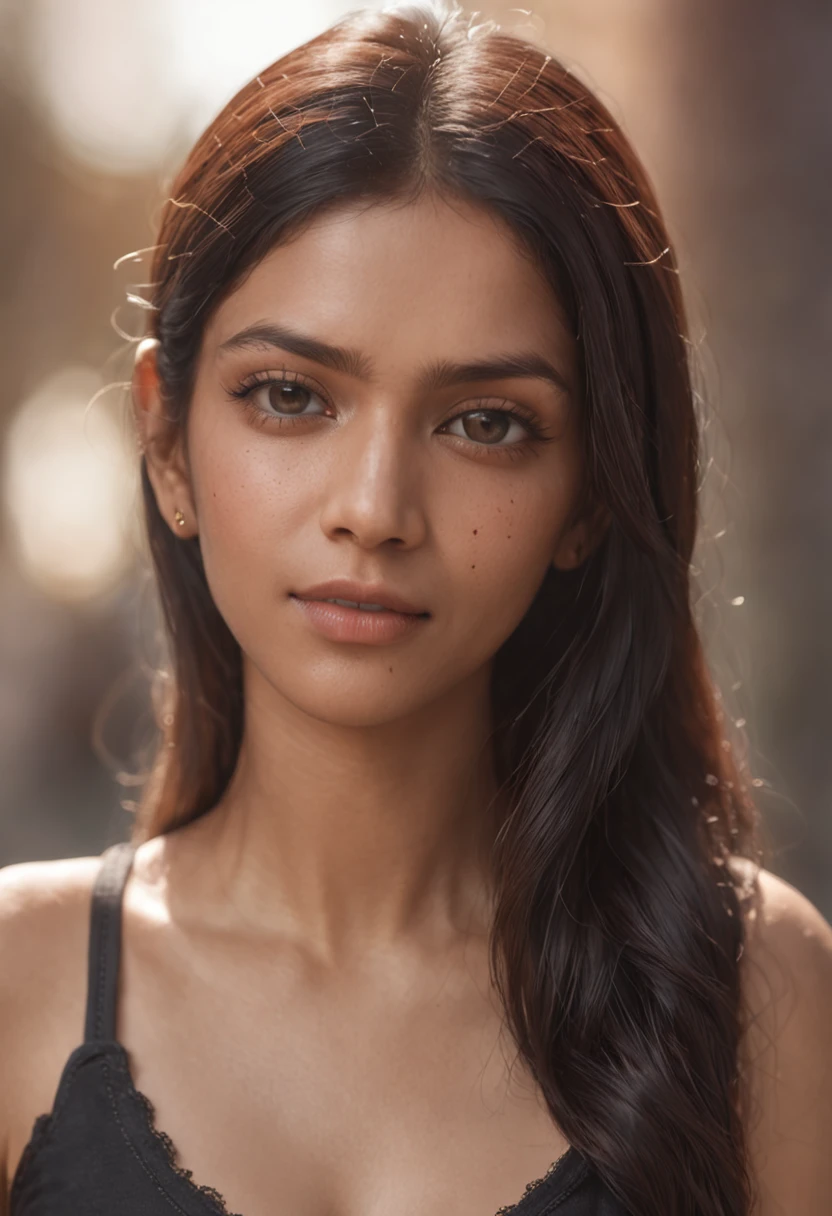 An ultra-realistic portrait of a very beautiful Indian woman in a black T-shirt. ,hyper detail, Cinematic lighting, 10, 10, ultra realistic, high-res, ultra hd, super realistic, sharp, Good quality, Movies like, attractive, glowing, kawaii, rousing, charming, necklace, sunlight, sparks, glossy, Dust particles , 3D appearance, sunlight, body hair, HD, floral,I'm radiant., firefly,blur background, road, Crowd, butterflies, glossy eyes