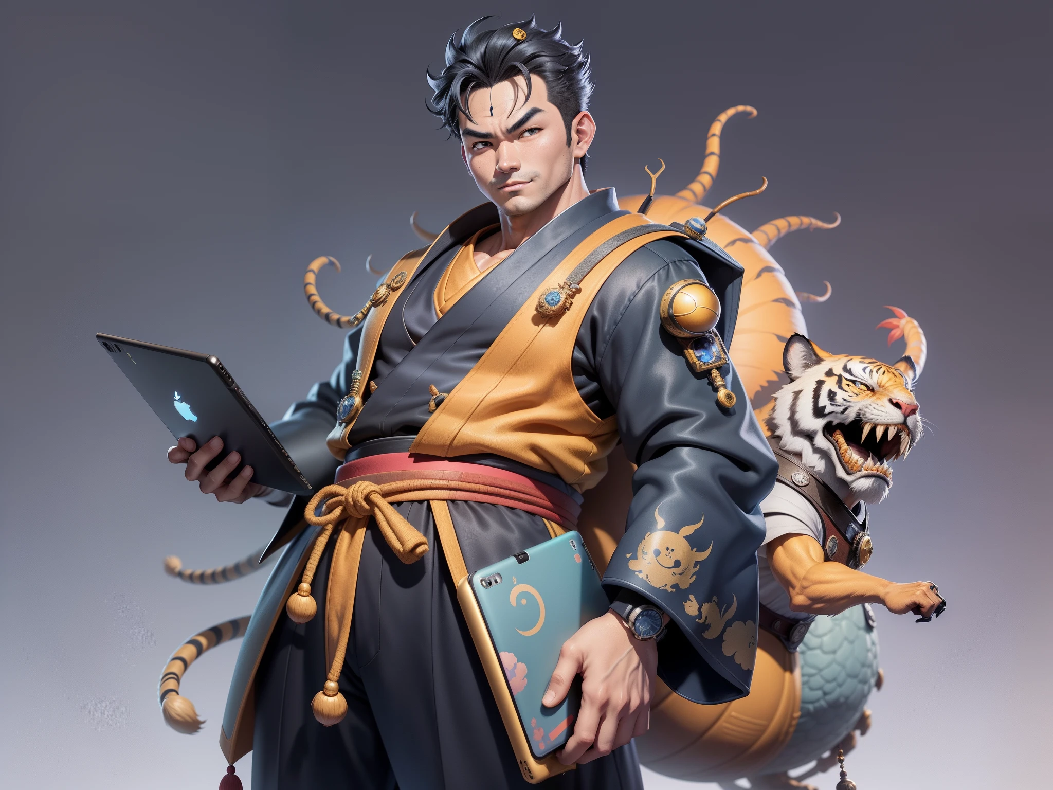 (Masterpiece), (Excellent), (Super Meticulous), (Full Body: 1.2), Super Young Man, Oriental Face, Japanese Kimono, Japanese Wind Thunder God, Dragon, Tiger, TV Anchor, Bust Portrait Illustration, Alone, Black Suit, Blue Tie, Slightly Chubby Face, Very Clean Face, No Beard, Black Super Short Hair, Black Eyes, Confident Smile, 3c Computer Sub-Products, iPad, iPhone, Digital Painting, 3D Character Design by Akira Toriyama and Mark Claireden and Pixar and Hayao Miyazaki, The illustration is a high-definition illustration in 4K resolution with very detailed facial features and cartoon-style visuals.