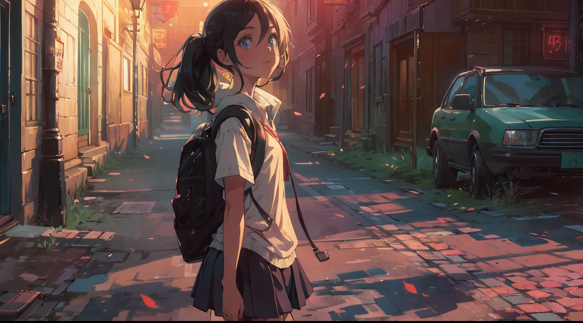Anime girl walking down a street with a backpack on her back - SeaArt AI