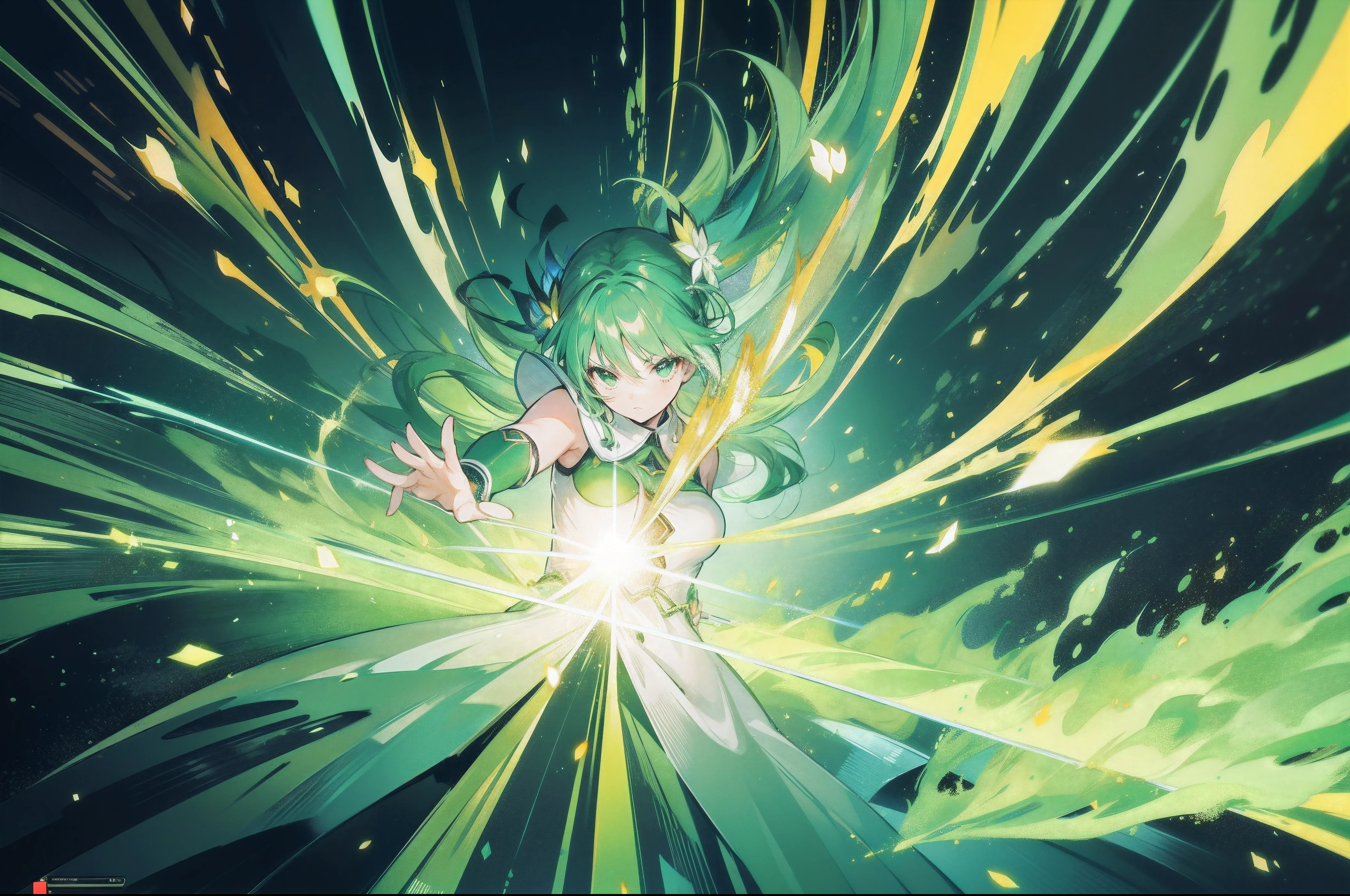 shooting green energy blast, anime fight screen, vibrant green particles
