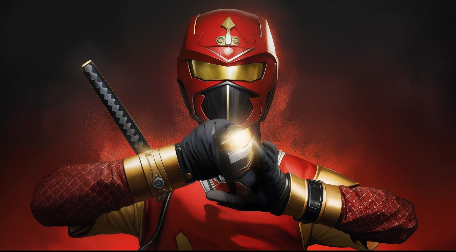 There is a man in a red and gold suit holding a sword, Tokusatsu, O Ninja Vermelho, Fujin, Kamen Rider personagem, MK Ninja, Power Ranger, Toei, The Seventh Secret Power Ranger, Kamen Rider, inspirado em Yasutomo Oka, Ninja, Hidetaka Tenjin, inspired by Ryūsei Kishida, Change the face of this image to the soft HD AI and also change the background to the free-fire battlefield