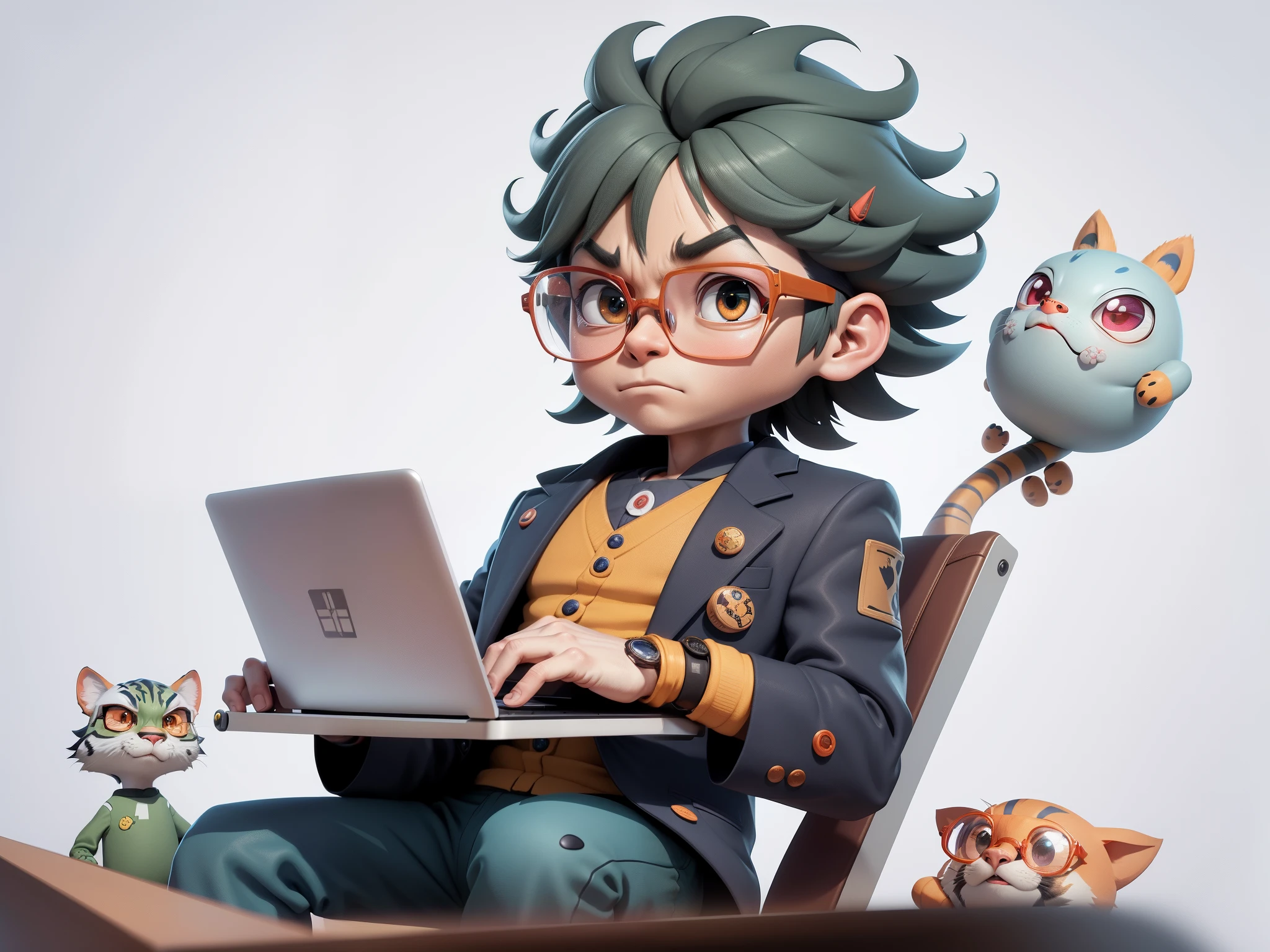A young man in a suit, Short hair and glasses sat at his desk,holding laptop,digitial painting,tigre,3D character design by Mark Clairen and Pixar and Hayao Miyazaki and Akira Toriyama,4K HD illustration,Very detailed facial features and cartoon-style visuals。