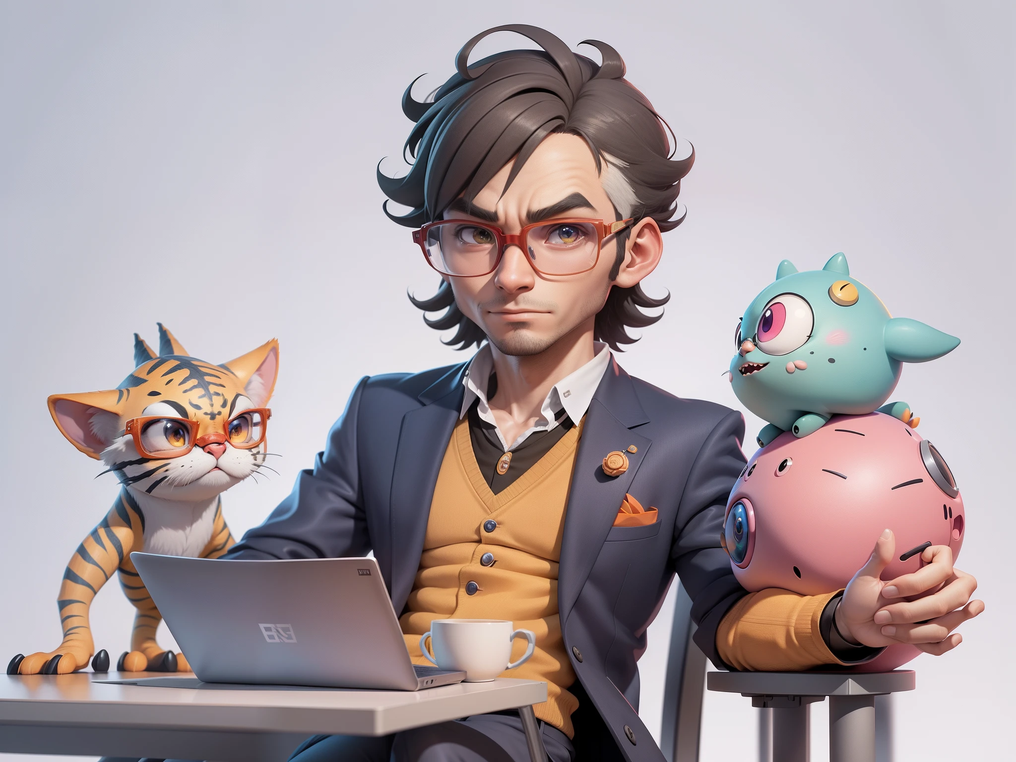 A young man in a suit, Short hair and glasses sat at his desk,holding laptop,digitial painting,tigre,3D character design by Mark Clairen and Pixar and Hayao Miyazaki and Akira Toriyama,4K HD illustration,Very detailed facial features and cartoon-style visuals。
