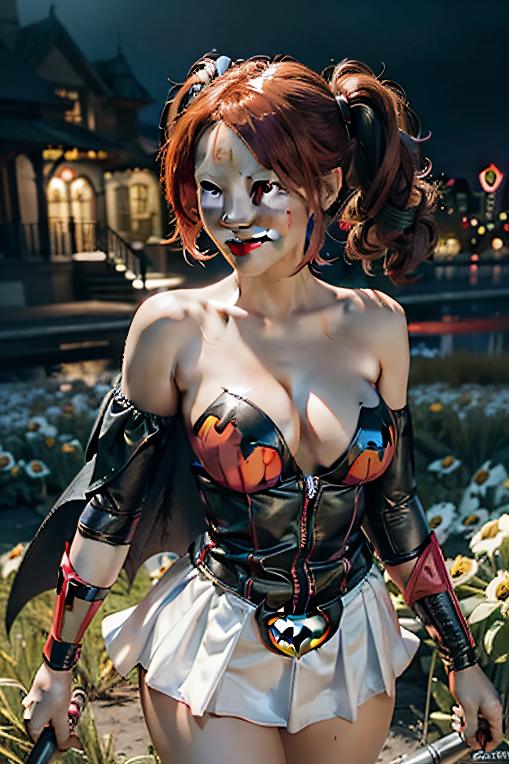 Chibi, Harley Quinn ((wearing a batgirl costume)) Best quality, masterpiece, ultra high res, (photorealistic:1.4), raw photo, 1girl, white dress, off shoulder, blossom flower field, glowing skin, light smile