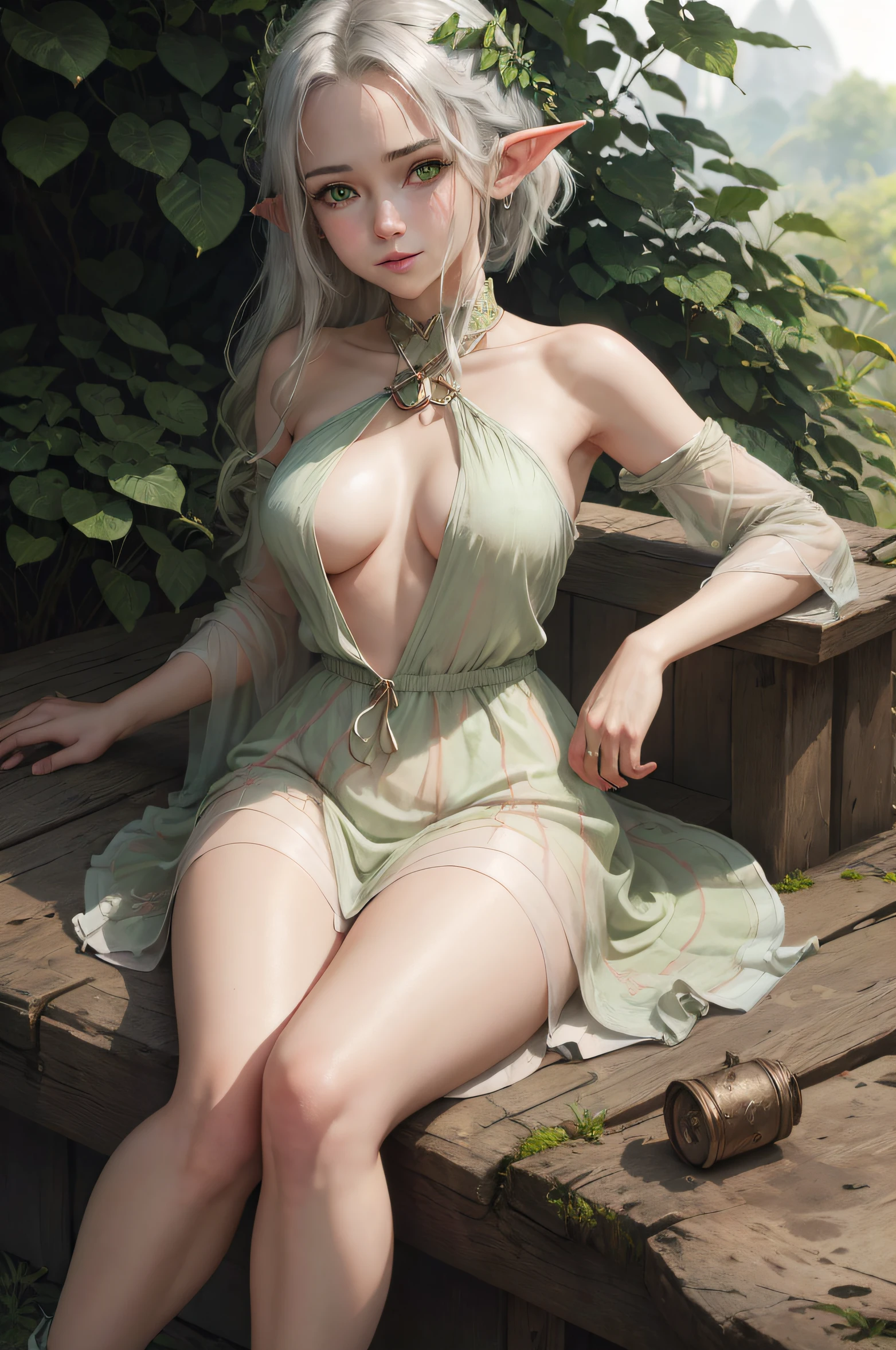 Mature elf woman sitting and smiling at the camera, blusher, Very close, You can see the head and chest, exteriors, Day, Simple background, blue skies, Short hair, temple, looking a viewer, moody lighting, confusion, (Transparent sundress), can be seen through clothes, see through clothes, A naked body is visible, green colored eyes, pixie, pretty, elf ears, A  girl, silver haired, ponytail,  Light green eyes, Sexy, green hair ornaments, little chest, Beautiful and clean face, ssmile, (anime elven girl), Ultra-detailed, Beautiful, hight resolution, Original, CG 8K ультрареалистичный, perfect artwork, hyper realistic, Ultra Detailed, A detailed eye, dramatic  lighting, (Realistic) Realistic, Full HD, Best Quality, Best Quality, Beautiful lighting, (8k wallpaper of extremely detailed CG unit), High Details, sharp-focus, The art of dramatic and photorealistic painting, little chest,