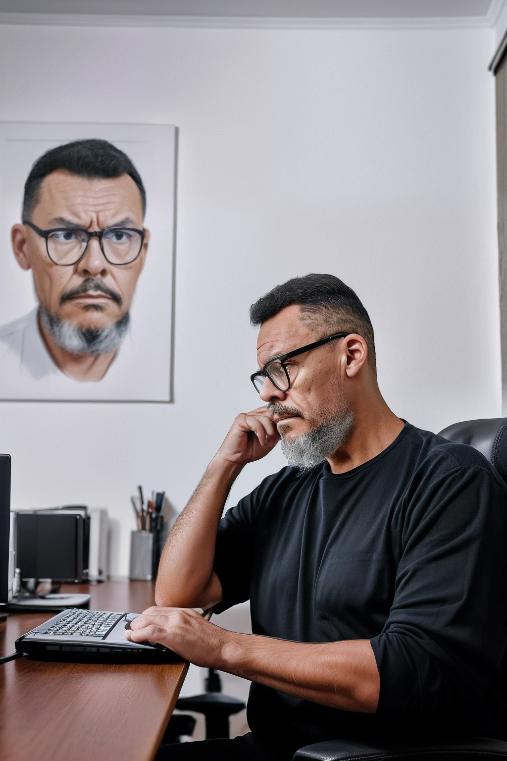 guttocyber1, Retrato hiper-realista de um triste, Thoughtful man in his minimalist office Imagine creating a hyper-realistic portrait of a grown man. He wears glasses, and his face is exquisitely detailed (1.3). He's dressed in casual clothes, sitting at his desk with his hands on his head, demonstrating a deep sense of sadness and contemplation. The scene takes place in his minimalist and impeccably organized office, designed with meticulous attention to detail (1.4). This emotionally charged and thought-provoking portrait is captured with hyper-realism (1.5), providing ultra-high definition (UHD) resultado.