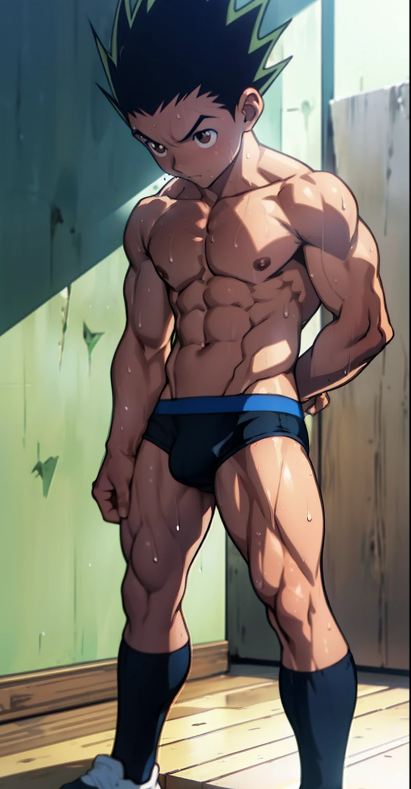 full body, 13 year old boy anime , topless, shirtless, cute baby face, toned body, huge strong thigh muscles, muscular arms, sweat dripping, wearing triangle underwear  , underwear bulging due to genitals, white underwear, hands behind back (photo angle from bottom up)