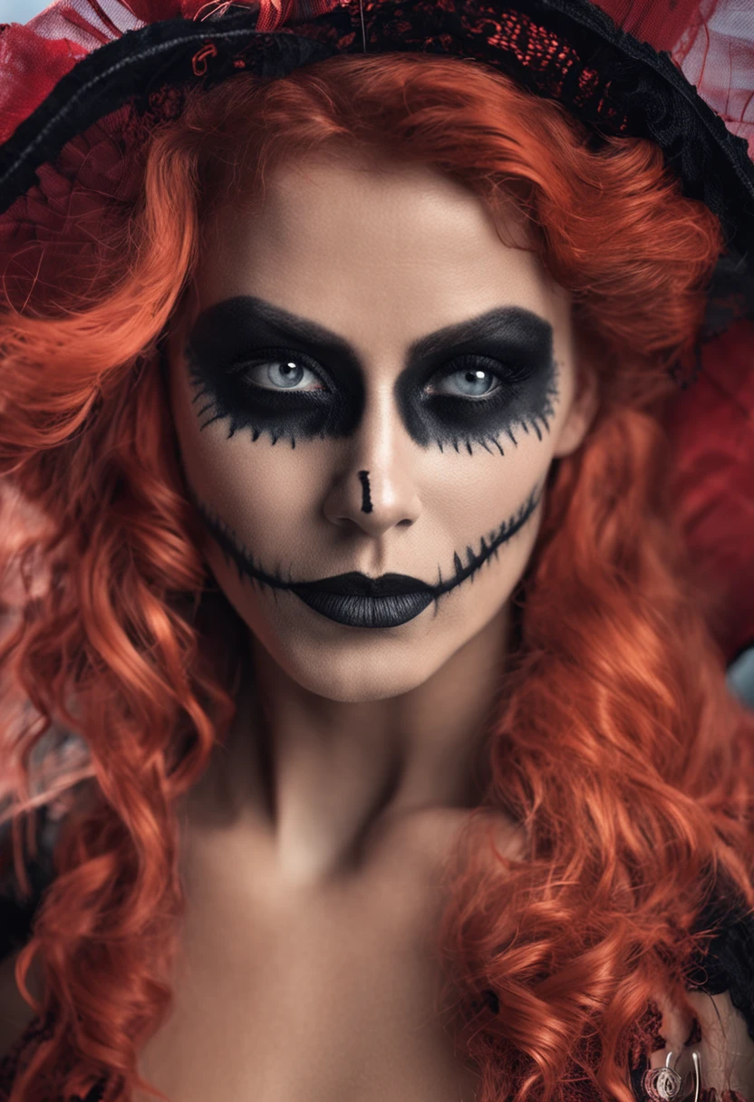Long panoramic shot of a very sexy and very beautiful Halloween Witch, (((boca roja))), (((con cabello negro lacio))), (((ropa negra))), lenceria de encaje roja y negro, fotorealista, fotorealismo, unzoom, gorro completo, lineas perfectas, rostro realista, intrincado, Detallado, digital SLR camera , 8k UHD, negros profundos, , prominent mammary glands