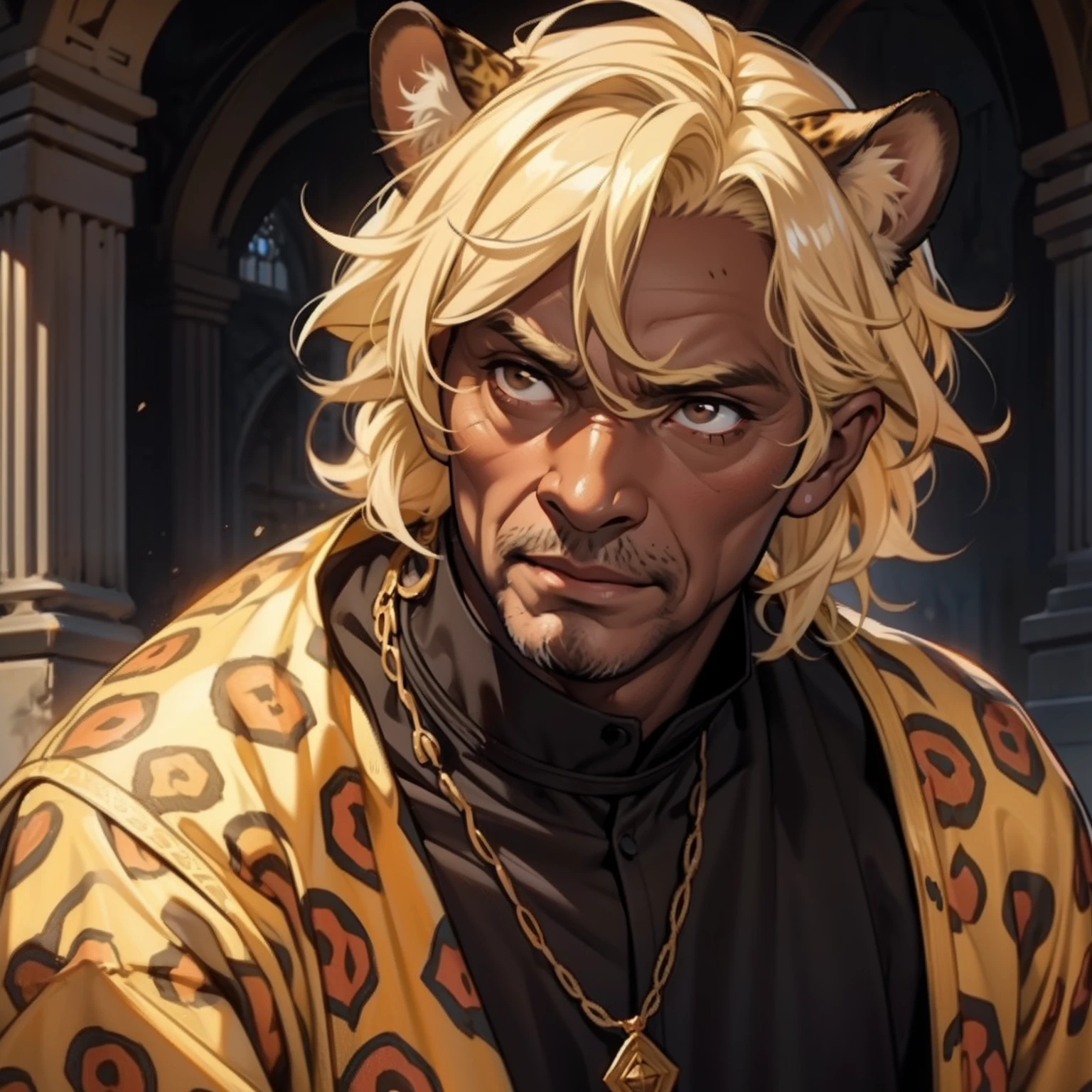 Elderly Dark Skin Old Man. Leopard Ears. Short curly Blonde Hair. Brown eyes. Medieval art