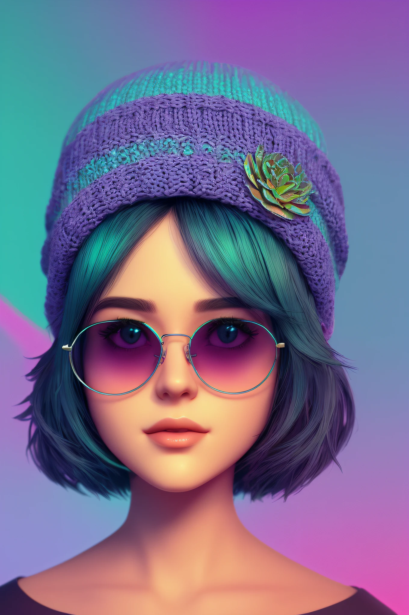Coruja humanoide, blue in gradient for water green and purple, asas cheias de penas, aviator glasses and beanie, estilo cartoon, 8k, art station, muito detalhada