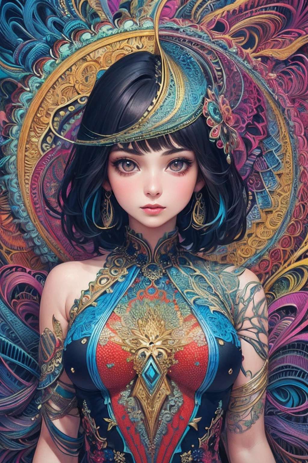 (masterpiece, top quality, best quality, official art, beautiful and aesthetic:1.2), (1girl:1.3), extremely detailed,(fractal art:1.2),colorful,highest detailed,(zentangle:1.2), (dynamic pose), (abstract background:1.5), (traditional dress:1.2), (shiny skin), (many colors:1.4), upper body