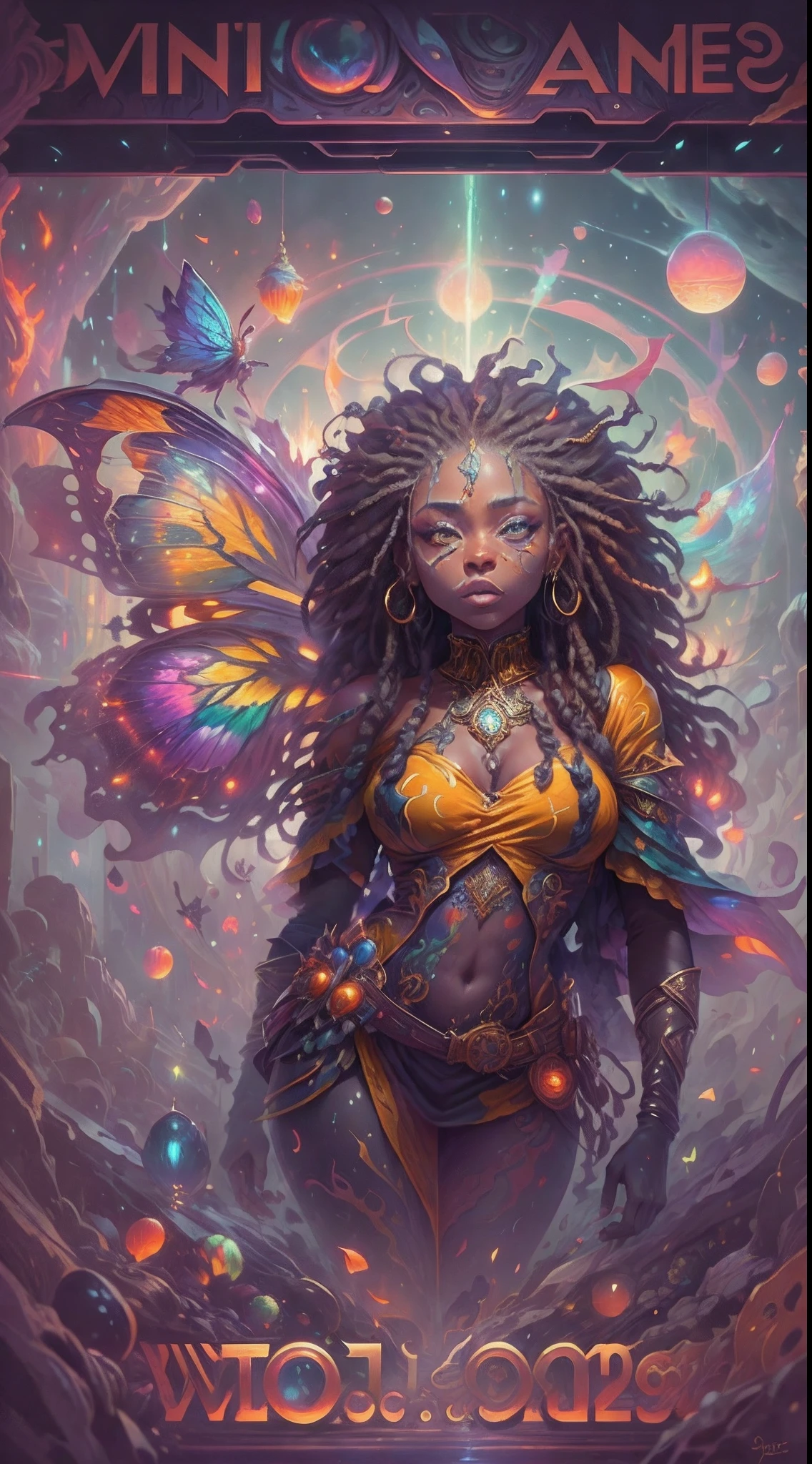 This is a thrilling fantasy image with ultra-realistic realism, vaguely abstract detailing, psychedelic patterns, and draws heavy inspiration from Rasta style and Jamaica. Generate a beautiful and petite Jamaican woman with stunning eyes and highly detailed dreads in various shades of brown, dark red, and dark orange.(Dread Locs Hair style:1.3),(tmasterpiece,best qualtiy:1.2),illustration,8k wallpaper,Dazzle,(Portals:1.1),(Otherworldly creatures:1.2),(magic energy:0.5),(floating debris:1),(glowing third eye:0.5), butterflies, florals and floral detailing, (strong lights:1.05), (illumination:0.8), (fantasy:0.8), (hyper realisitc:1.1), (mistic:1), (intriguing:1), (Ethereal:1.08), (mistic:1.1), (cosmic:1.05), (interdimensional:1.1), (unearthly:1.05), (spellbinding:1.1), (Unforgettable:1.05), (Fantasy art: 0.5),(number art:0.5),(magic realism:1.08),(Epic:1.1),(concept-art:1.05),(highly detailed:1.1),(cinematic ligh:1.05),(ultra-realistic realism:1.05),(mistic:1.05),(astounding:1.1),(andrey surnov:1.05),(mind bending:0.8),(Unbelievable:1.05),(otherworldly landscapes:1.1),(breath-taking:1.05 ), (incredulous:1.05), (portal opening:1.05)