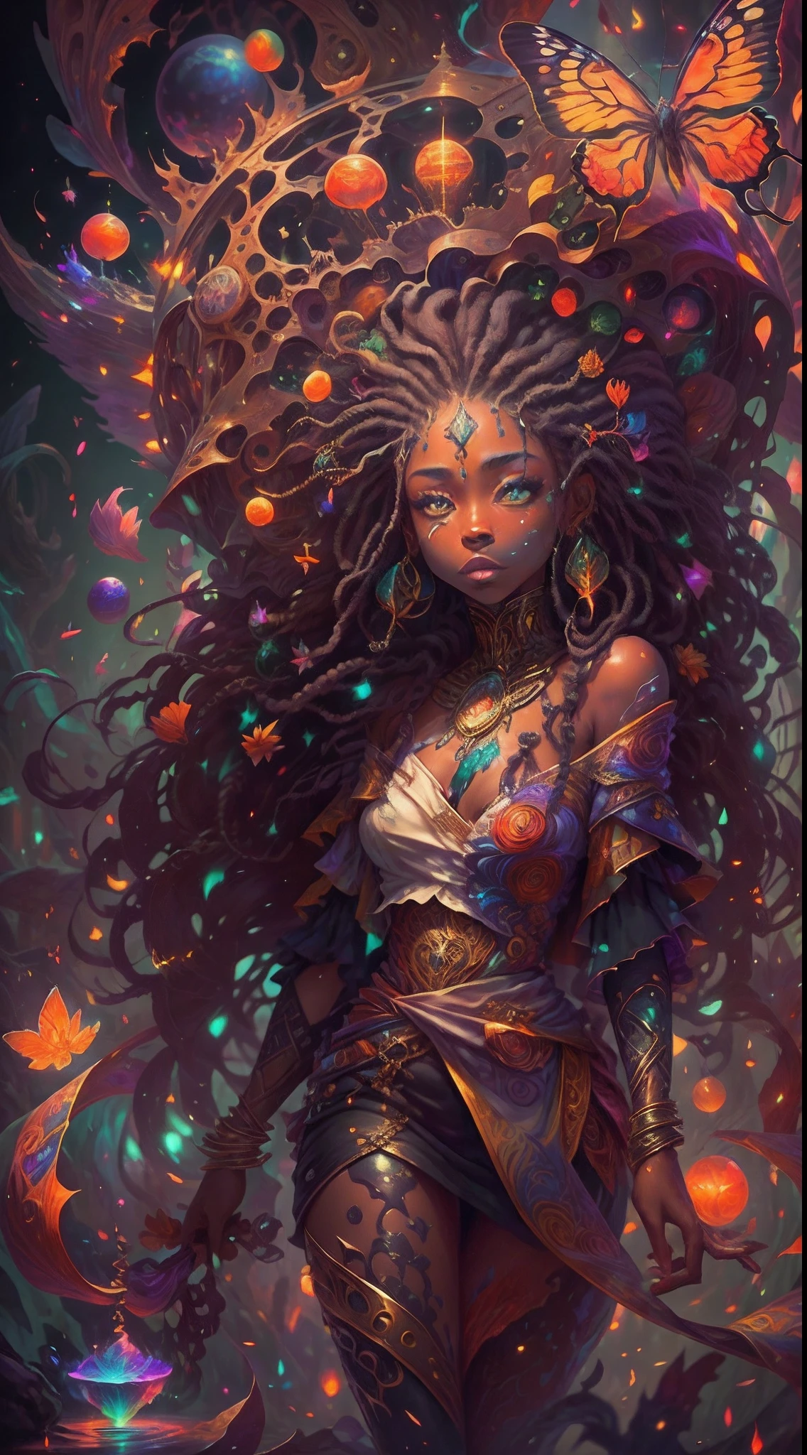 This is a thrilling fantasy image with ultra-realistic realism, vaguely abstract detailing, psychedelic patterns, and draws heavy inspiration from Rasta style and Jamaica. Generate a beautiful and petite Jamaican woman with stunning eyes and highly detailed dreads in various shades of brown, dark red, and dark orange.（Dread Locs Hair style：1.3）,（tmasterpiece，best qualtiy：1.2），illustration，8k wallpaper，Dazzle，（Portals：1.1），（Otherworldly creatures：1.2），（magic energy：0.5），（floating debris：1），(glowing third eye:0.5), butterflies, florals and floral detailing， (strong lights:1.05), (illumination:0.8), (fantasy:0.8), (hyper realisitc:1.1), (mistic:1), (intriguing:1), (Ethereal:1.08), (mistic:1.1), (cosmic:1.05), (interdimensional:1.1), (unearthly:1.05), (spellbinding:1.1), (Unforgettable:1.05), (Fantasy art: 0.5)，（number art：0.5），（magic realism：1.08），（Epic：1.1），（concept-art：1.05），（highly detailed：1.1），（cinematic ligh：1.05），（ultra-realistic realism：1.05），（mistic：1.05），（astounding：1.1），（andrey surnov：1.05），（mind bending：0.8)，（Unbelievable：1.05），（otherworldly landscapes：1.1），（breath-taking：1.05 ), (incredulous:1.05), (portal opening:1.05)