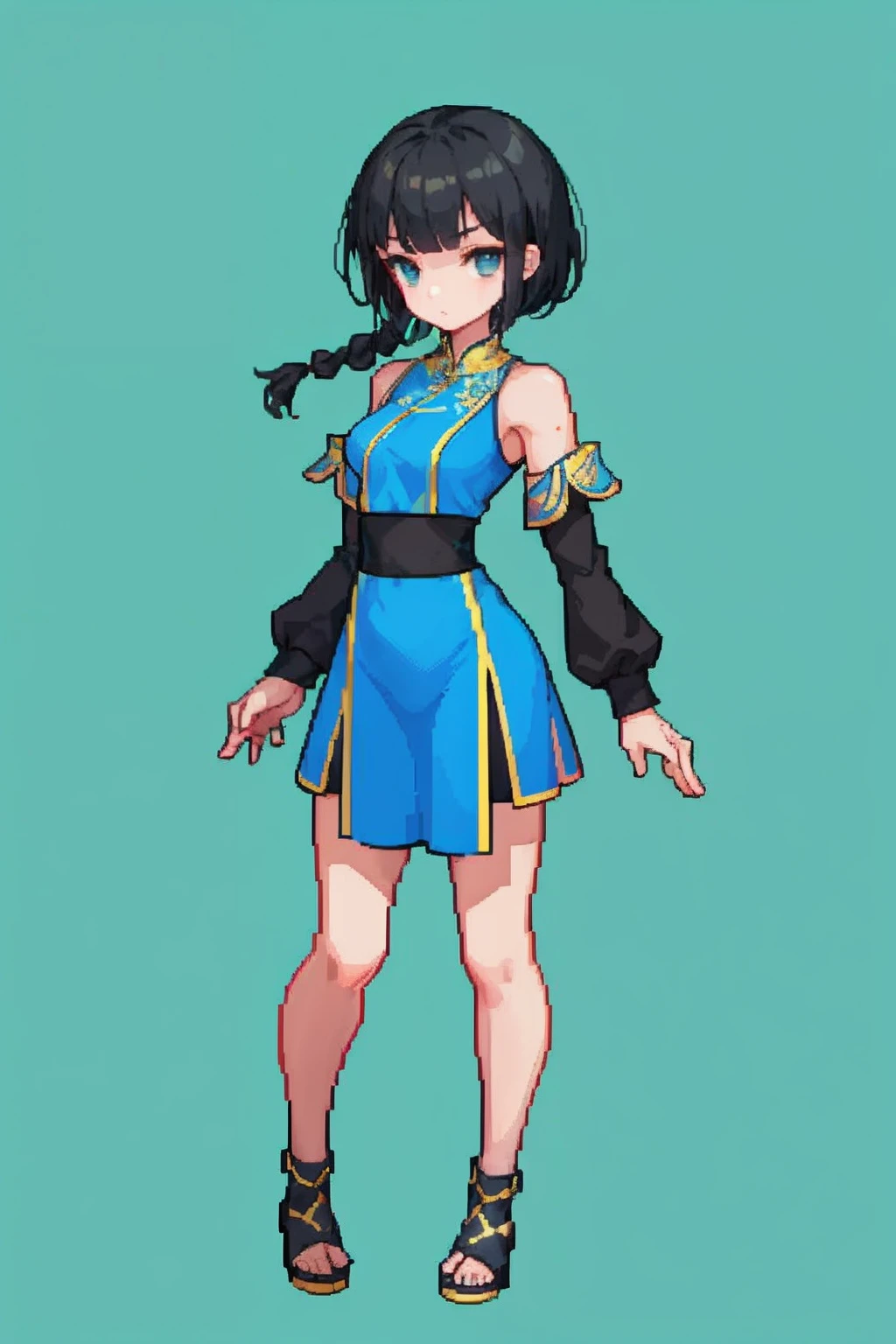 Masterpiece, Top quality, Best quality), pix,Pixel art, 1 girl, with short black hair, short length bangs, Bunched hair, 黑The eye,long braid,full bodyesbian, Kung Fu costumes,Kung Fu Girl,The expression is arrogant