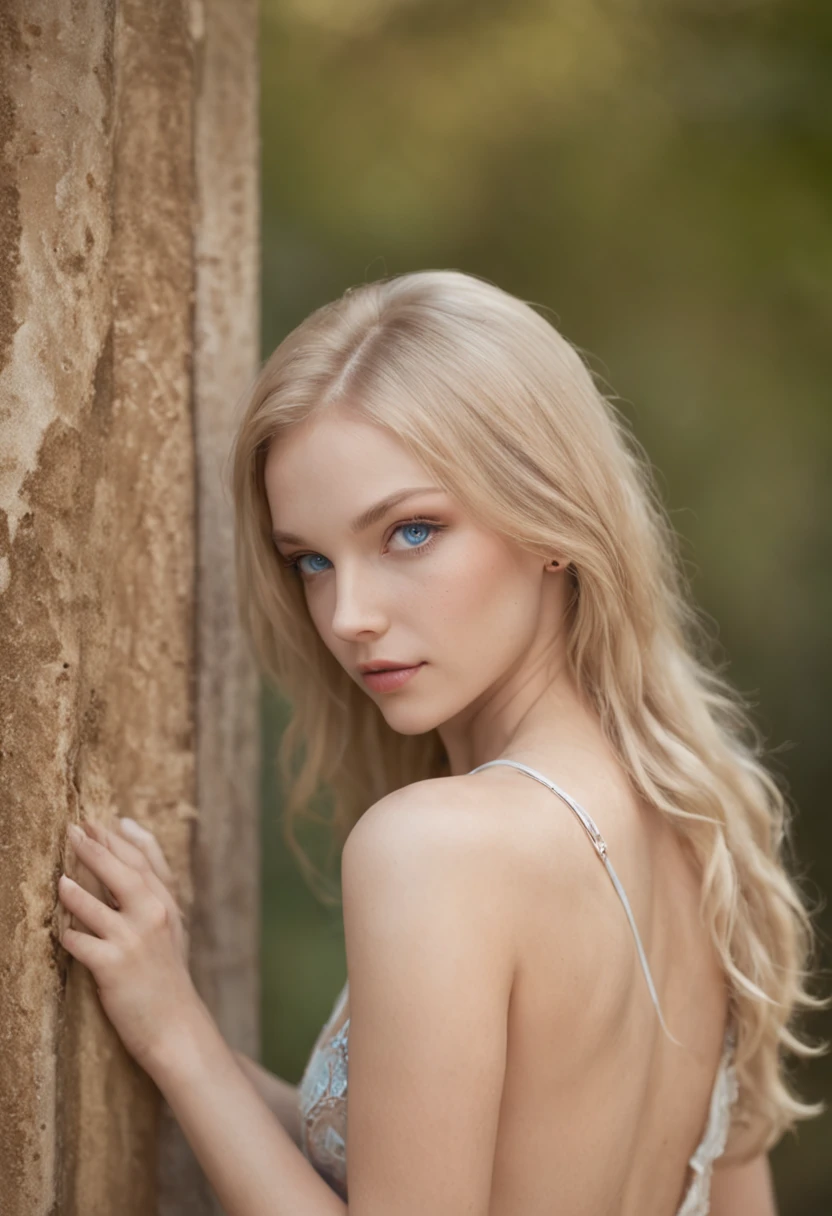 same face, blonde girl, blue eyes, beautiful, full body naked, legs open, from the back